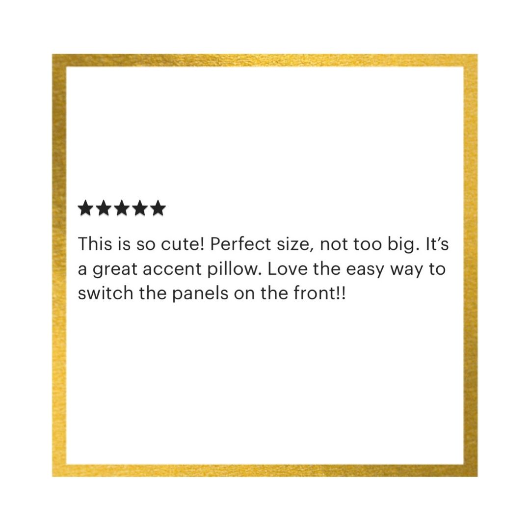 A white square card with a textured gold border, featuring a five-star rating and a customer review in black text praising a cute accent pillow.