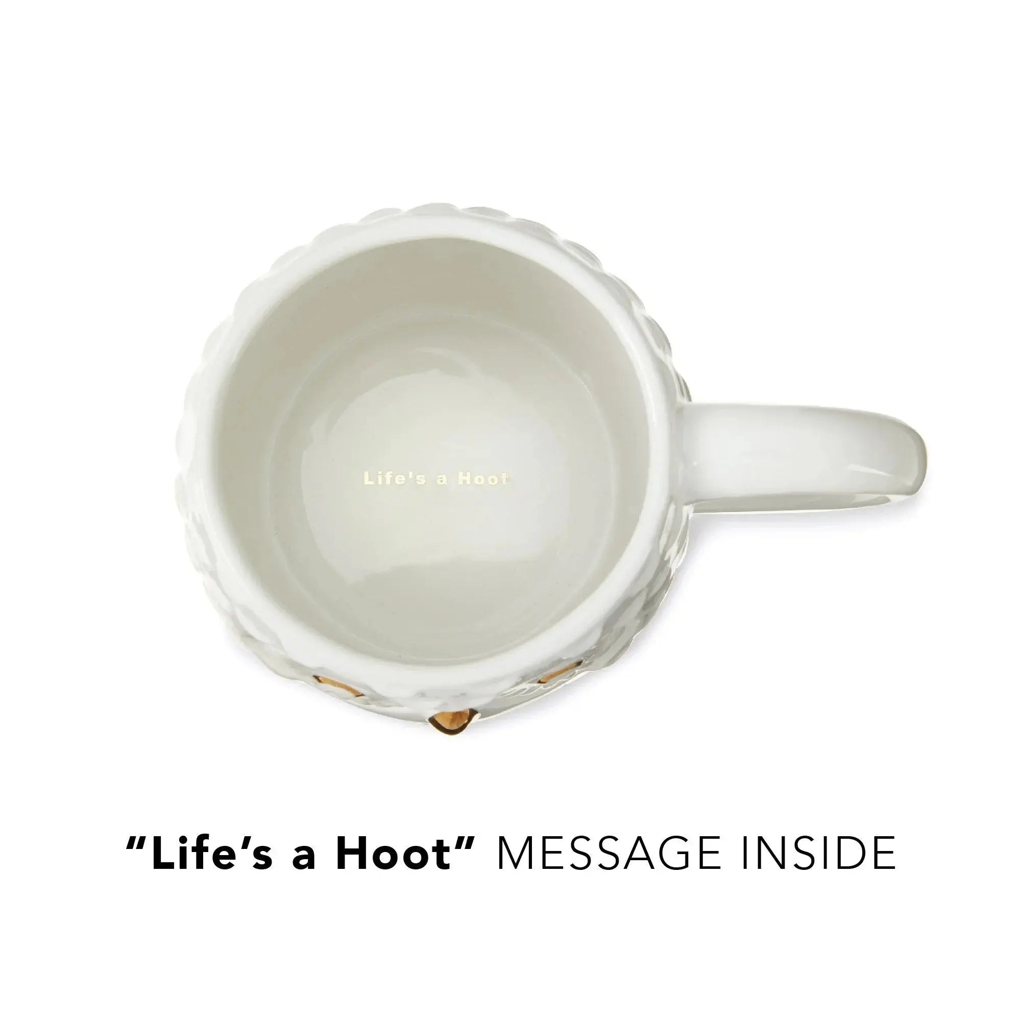 inside of the owl teacup with text "Life's a hoot" on a white background