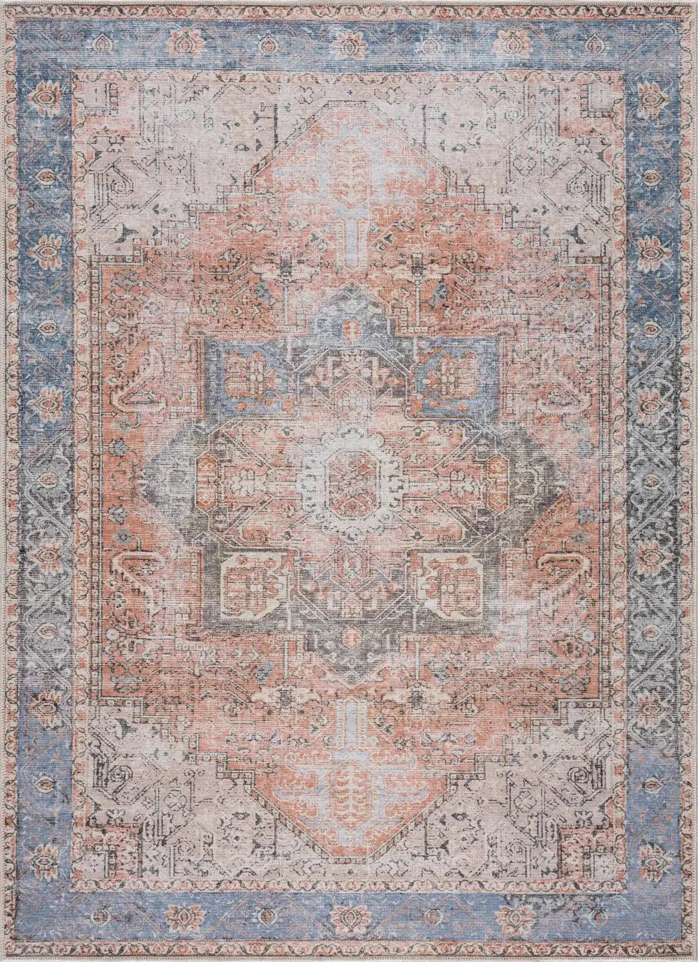 Vintage-style area rug with blue and coral floral patterns, perfect for farmhouse or cottage decor