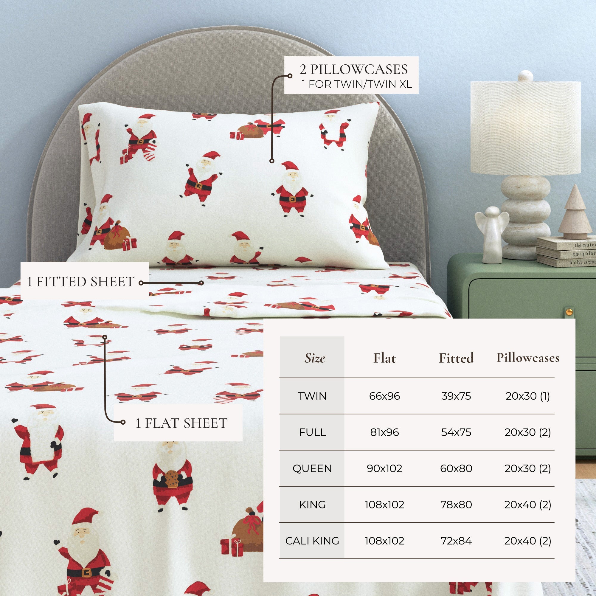 Bedding set with Santa Claus pattern on a bed with headboard and nightstand.