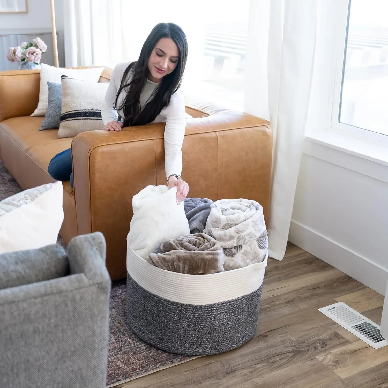 Little Hippo XXXL Cotton Rope Basket (22"x14") 100% Natural Cotton! Baby Gift, Large Blanket Storage for Living Room, Toy and Pillow Organizer (White & Brown) - KJ Cozy Designs