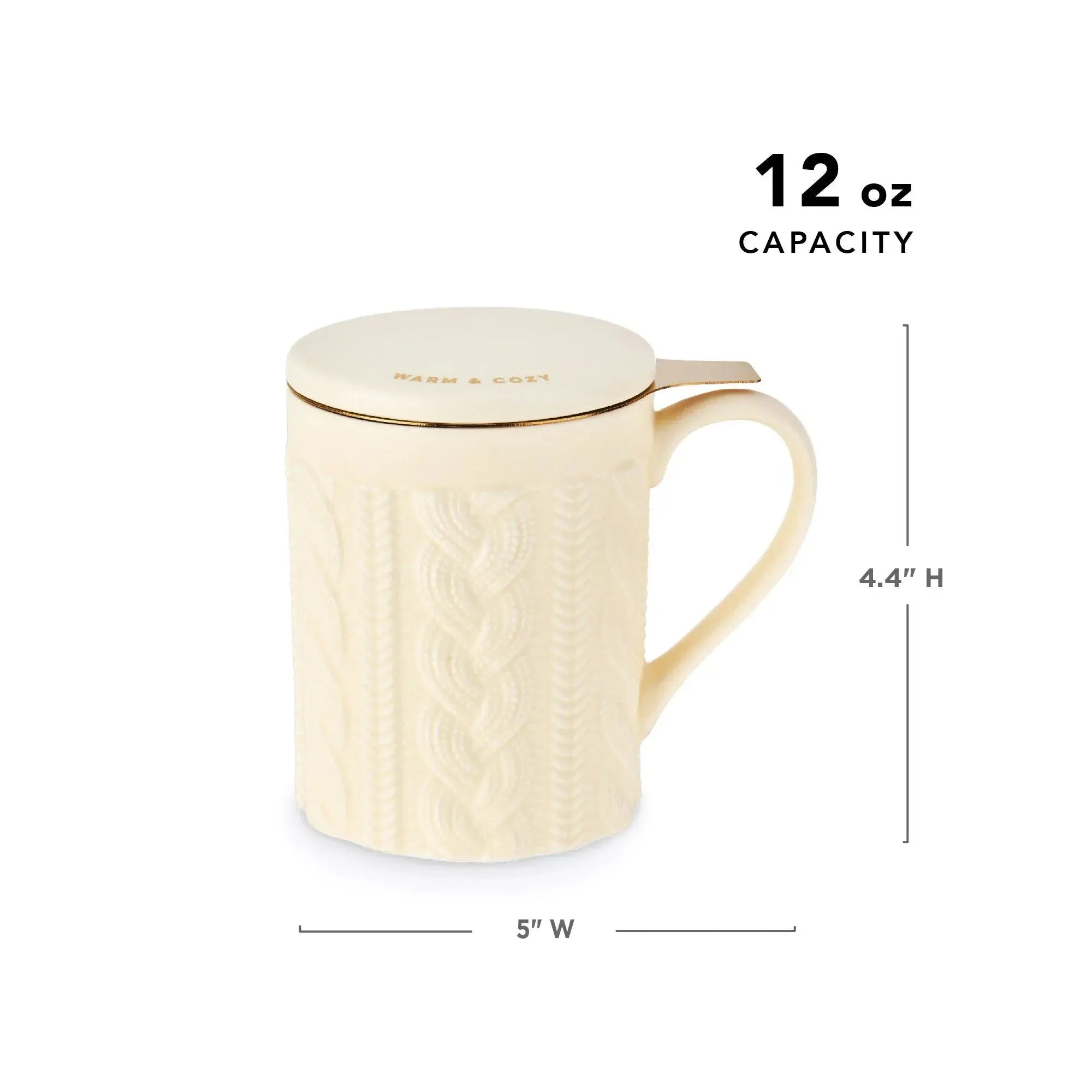 Cream-colored mug with lid and measurements on a white background