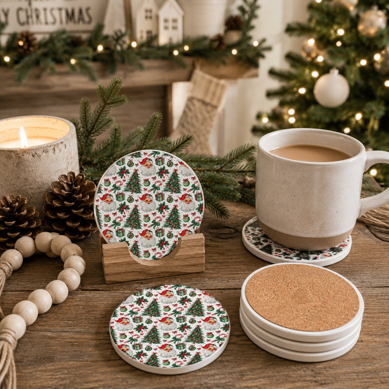 A set of round coasters displayed on a rustic wooden table with a mug, candle, pinecones, and a Christmas tree in the background. The coasters feature a festive holiday pattern of green Christmas trees, red Santa Claus figures, and white snowflakes on a white base, with one coaster showing a cork backing.