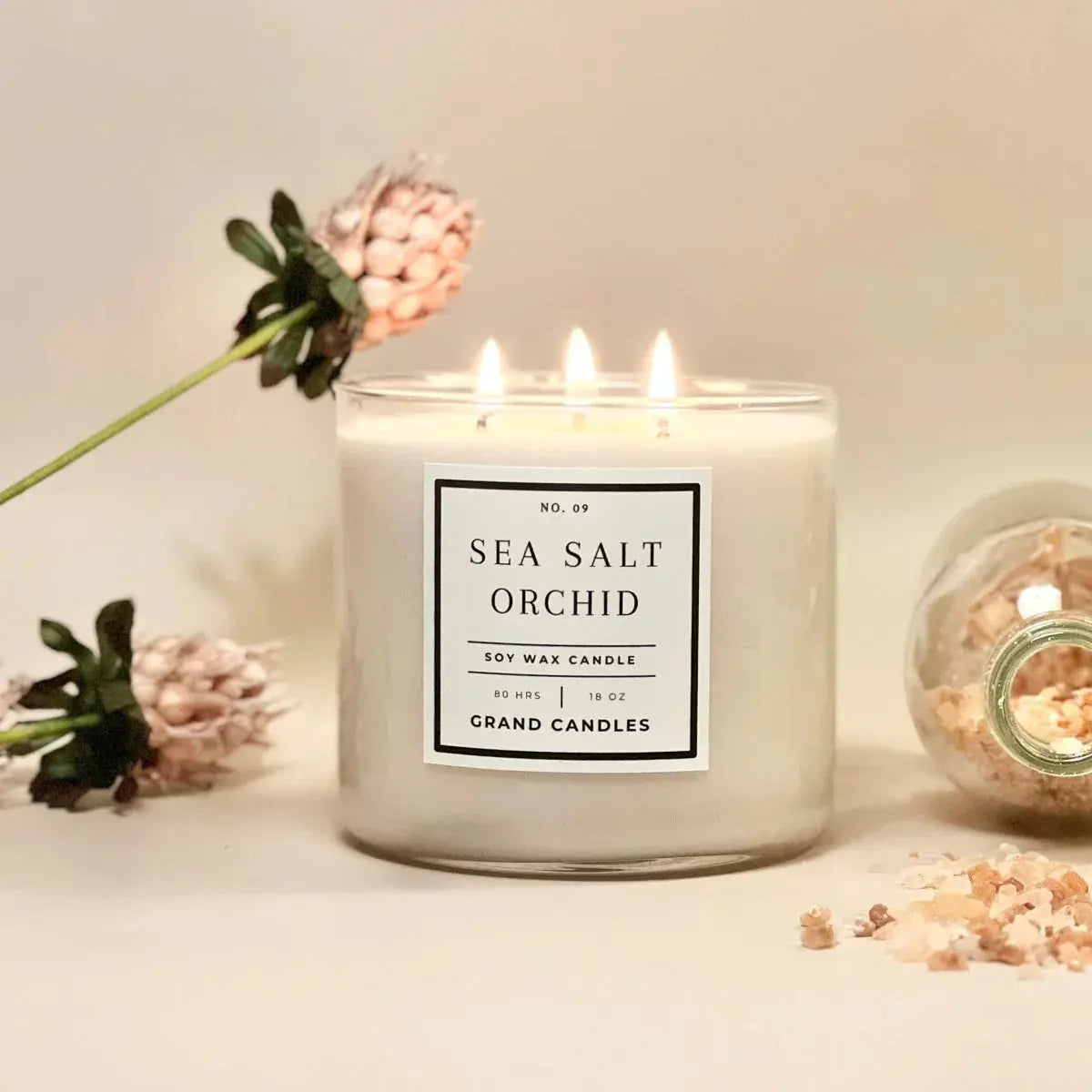 Sea Salt Orchid soy wax candle with three wicks, dried flowers, and bath salts for cozy home decor