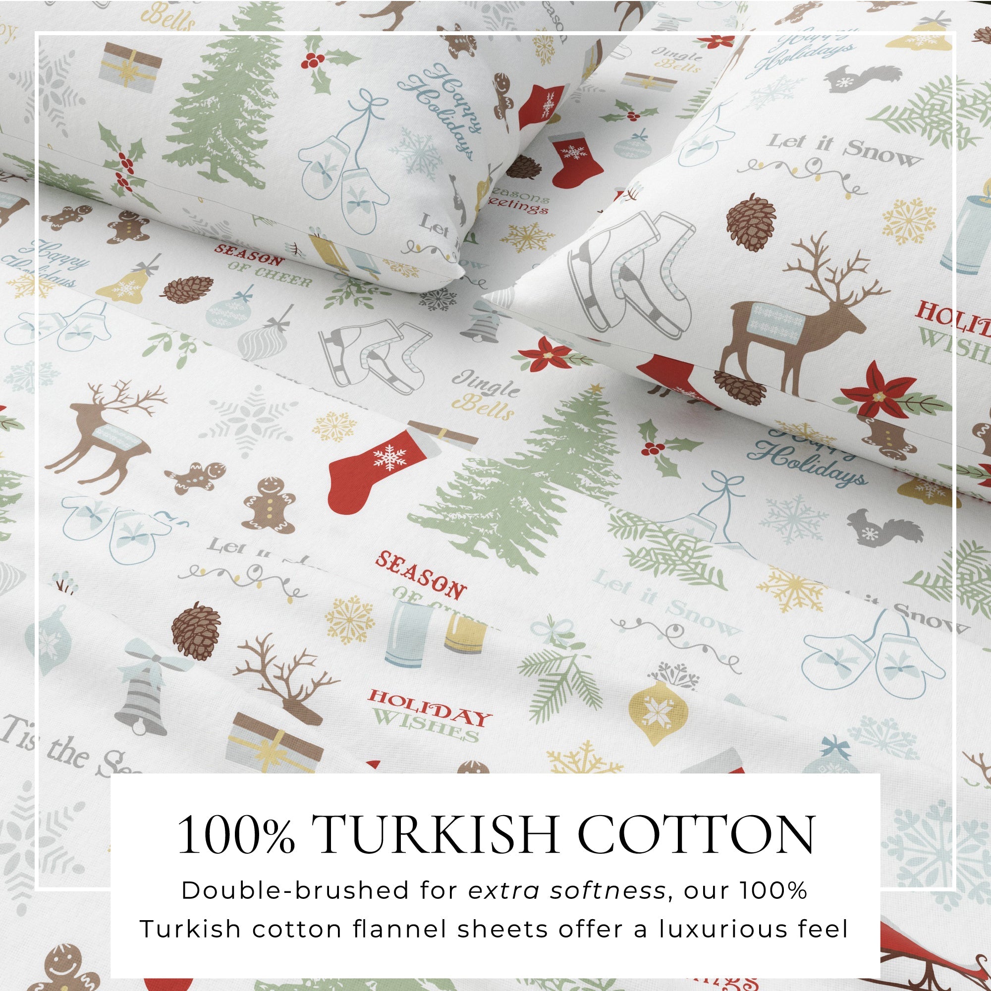 Christmas-themed flannel sheets with reindeer, trees, and text on a white background.