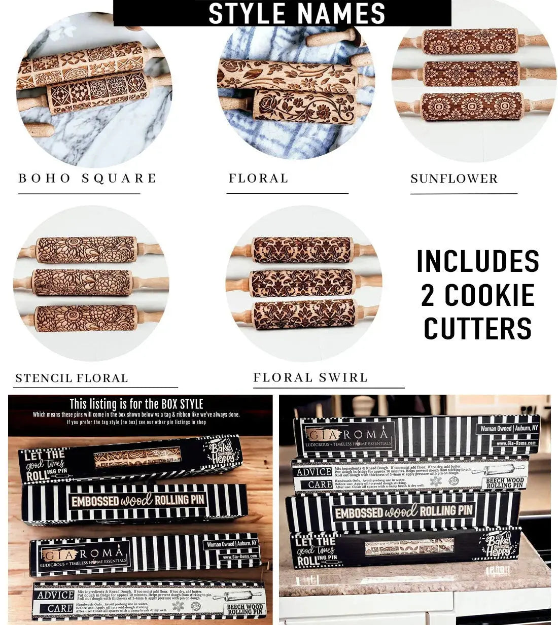 Collection of cookie cutters with various designs and brand names displayed.