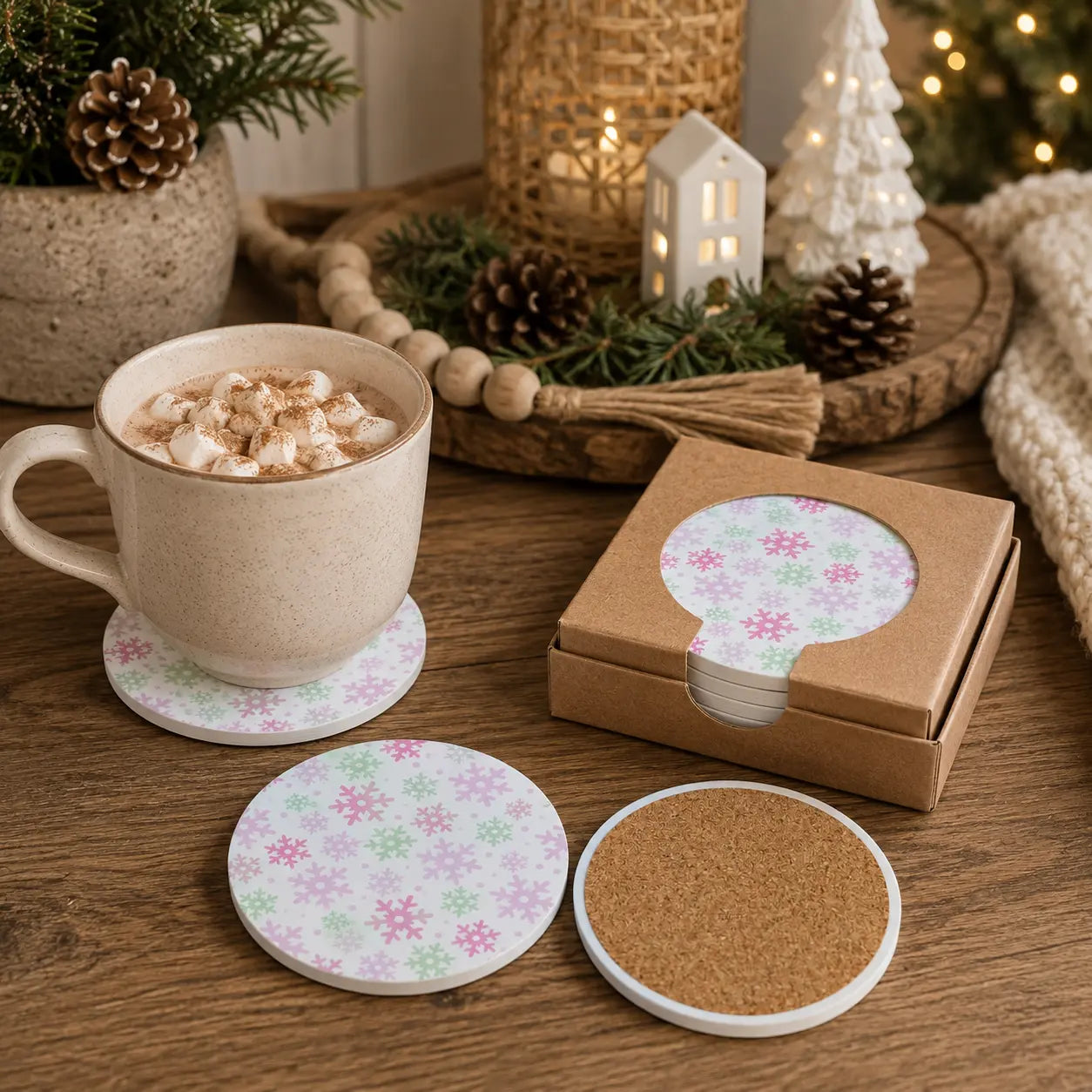 A set of round coasters displayed on a wooden table, including one with a floral snowflake pattern, one plain cork, and one showing the patterned underside. A matching patterned coaster is visible under a kraft gift box.