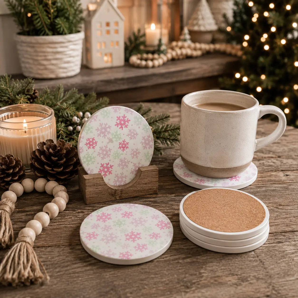A set of round ceramic coasters with a pink and green snowflake pattern, shown on a rustic wooden table alongside a mug of coffee, pinecones, candles, and holiday decorations.