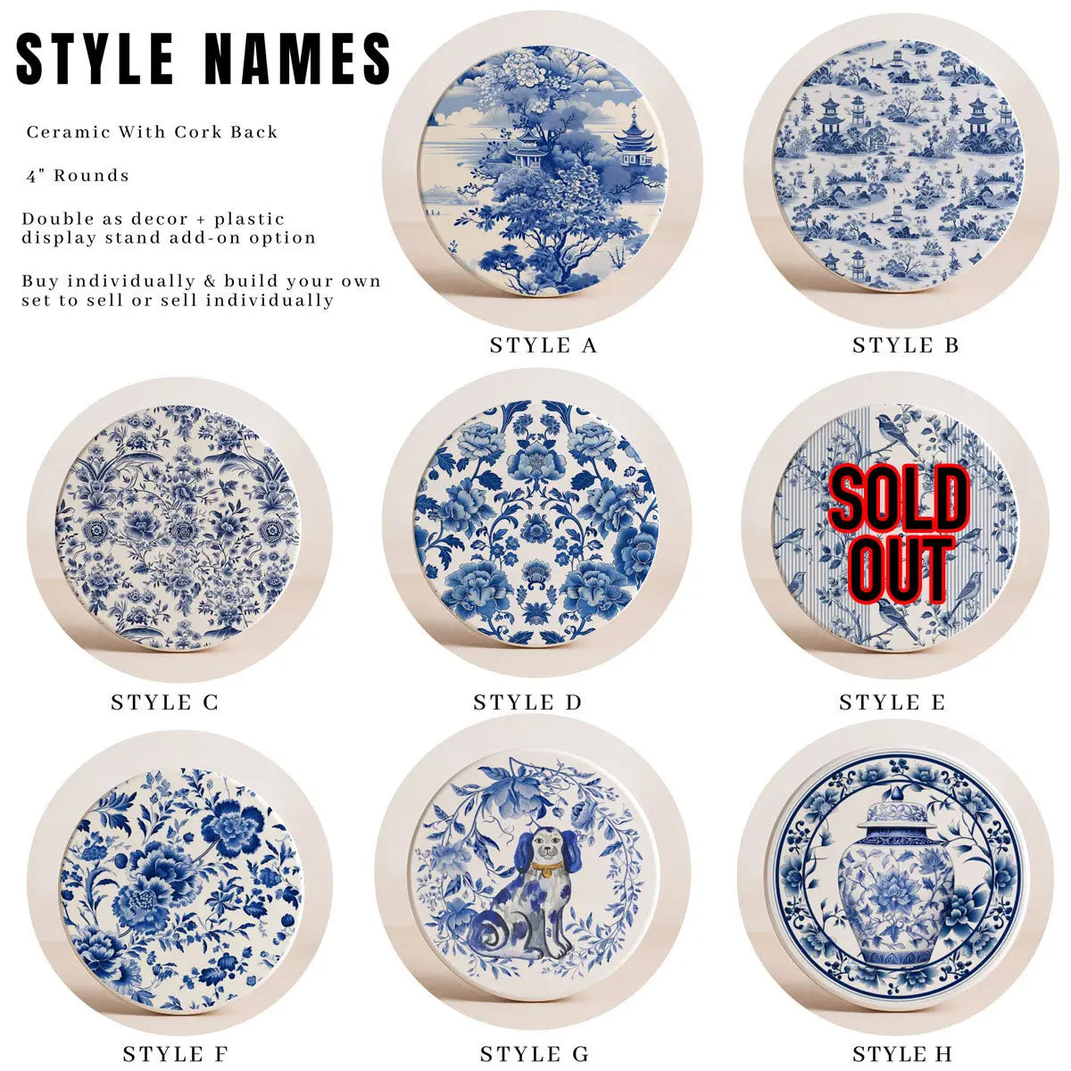 A catalog-style grid showing nine round ceramic plates with blue-and-white floral and scenic prints, each labeled Style A through Style H. The top left contains text reading 'STYLE NAMES' and product details.