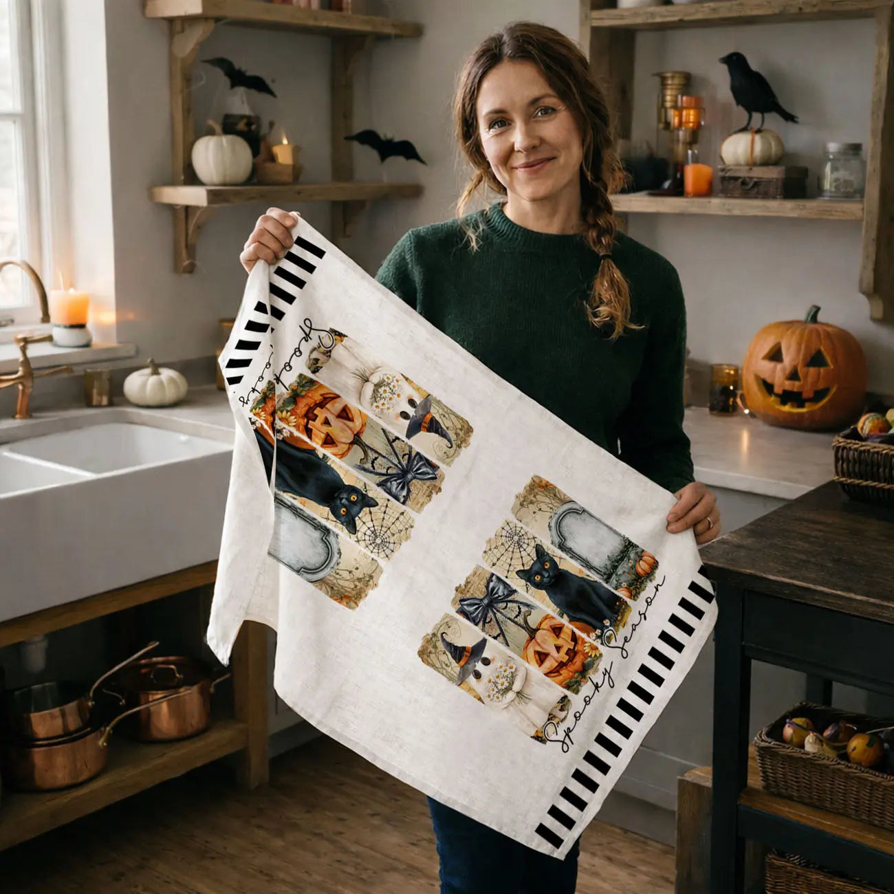 Woman holding a Halloween-themed kitchen towel in a kitchen decorated for the holiday.
