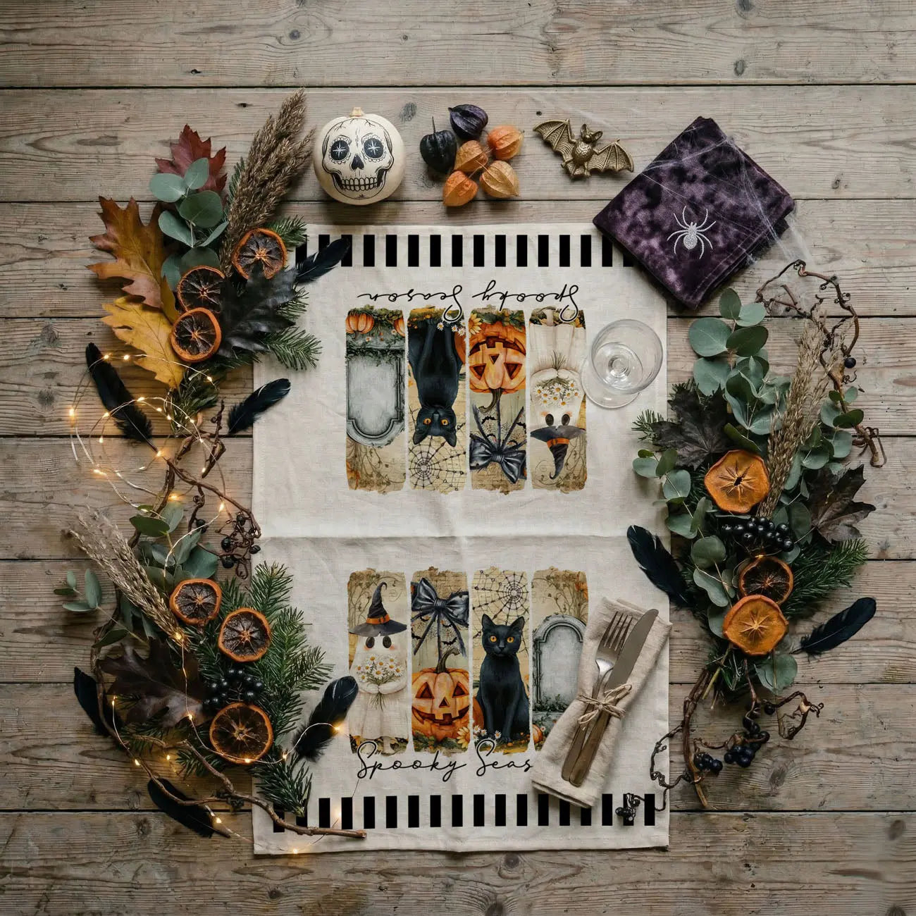 Halloween-themed placemat with decorative elements on a wooden surface