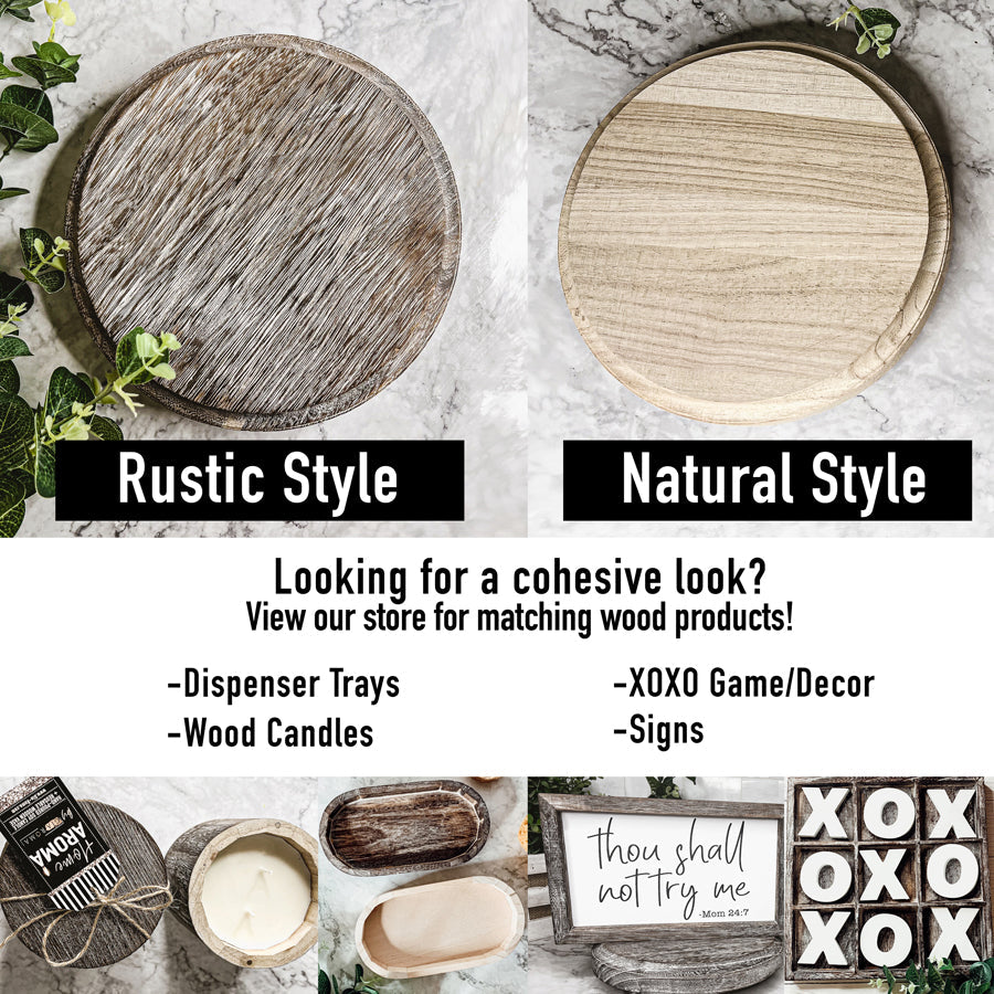 Two wooden trays labeled 'Rustic Style' and 'Natural Style' on a marble surface with decorative items.