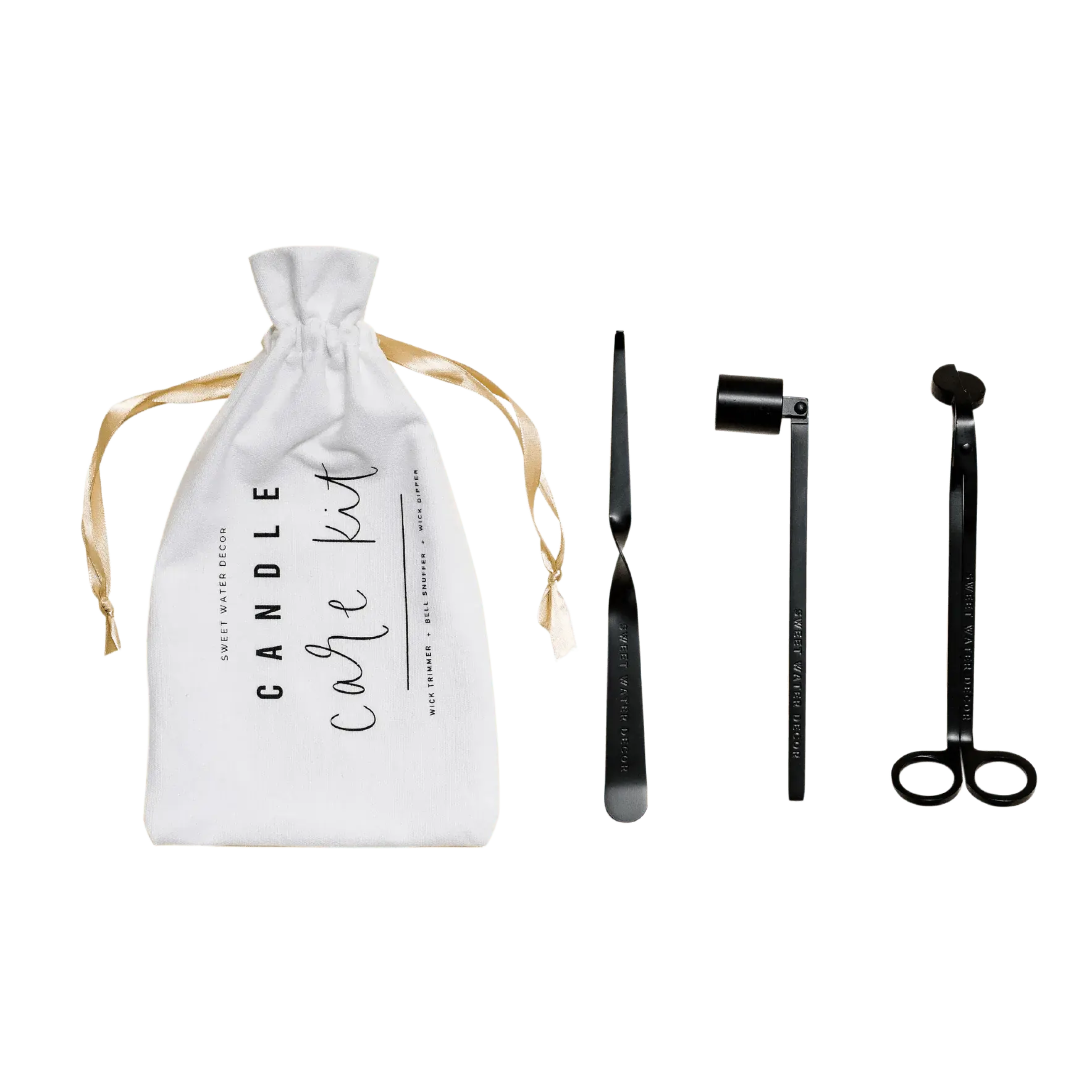 Candle care kit with wick trimmer, snuffer, and dipper in white drawstring bag, farmhouse decor
