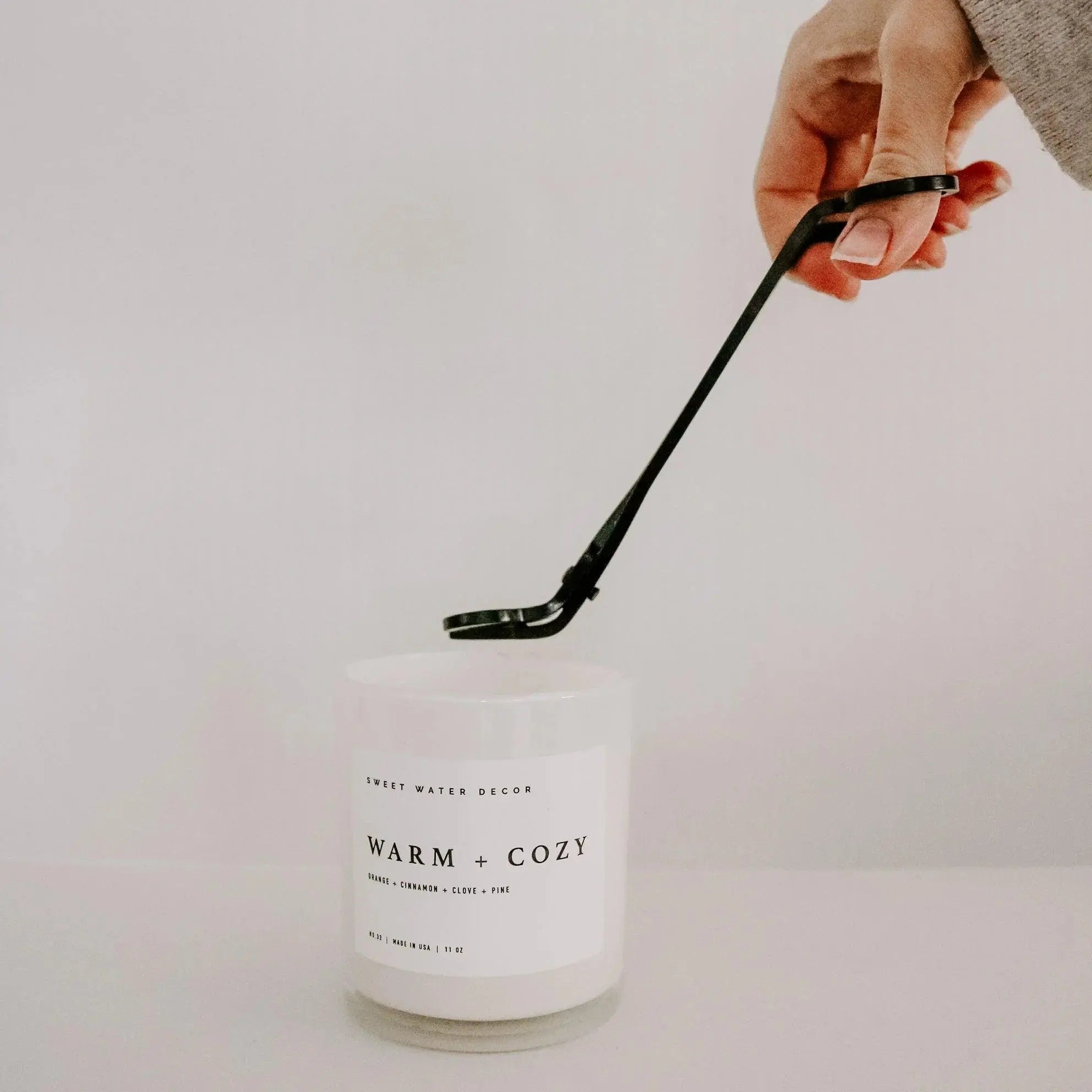 Warm + Cozy scented candle with black wick trimmer, farmhouse home decor essential