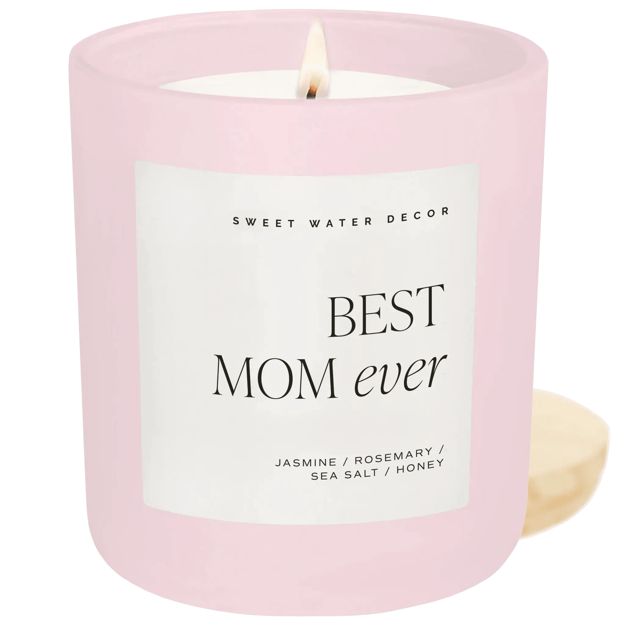 Pink 'Best Mom Ever' scented candle with jasmine, rosemary, sea salt & honey notes, cozy home decor gift