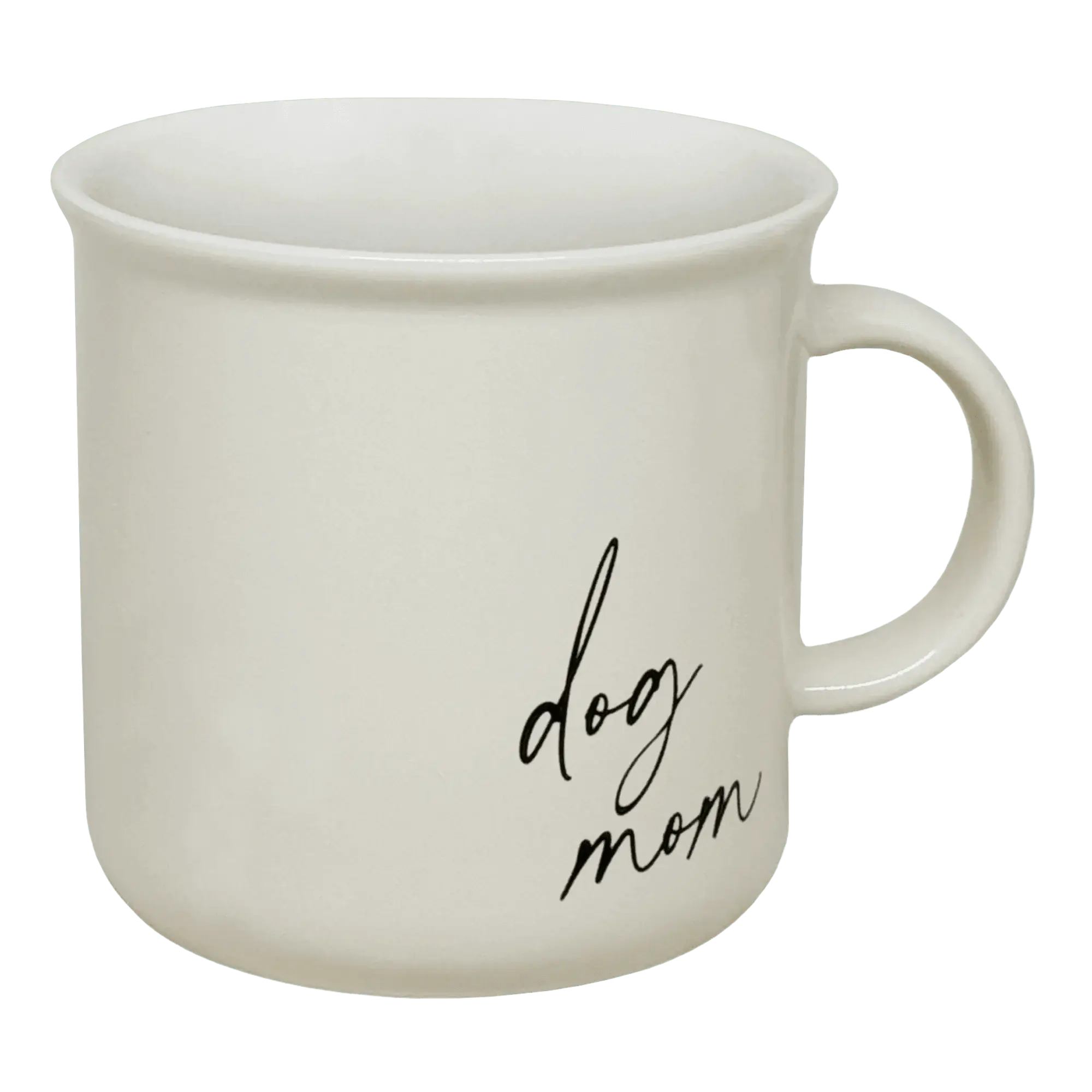 White ceramic mug with 'dog mom' script text, cozy farmhouse style home decor