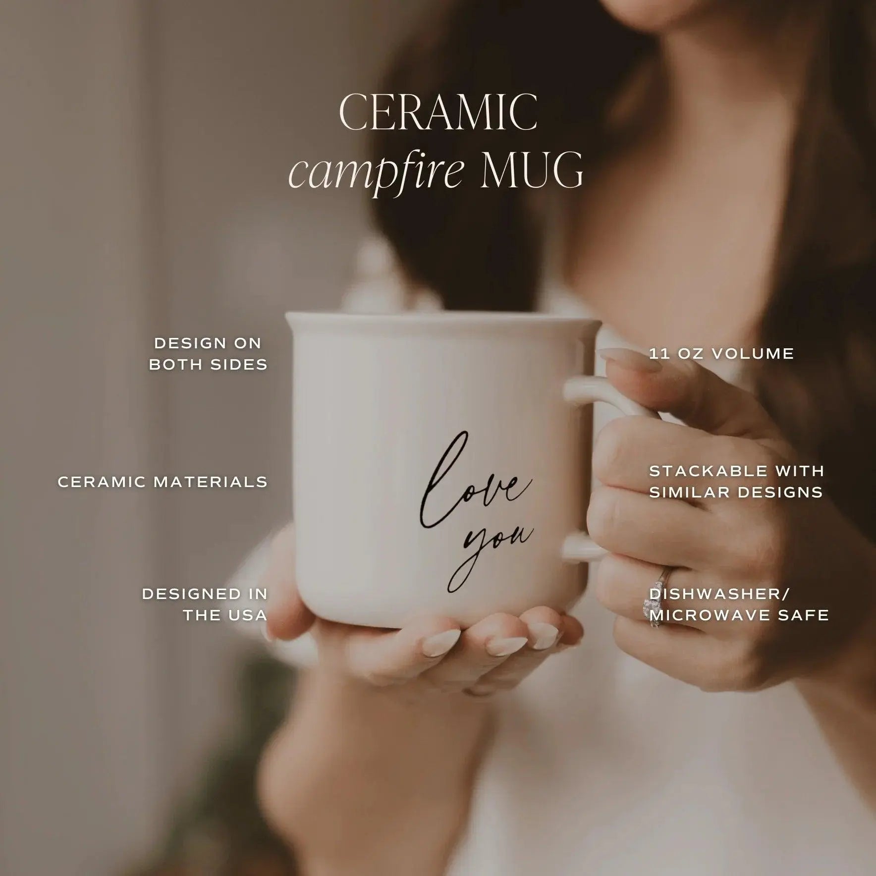 White ceramic mug with 'love you' script, cozy farmhouse style, 11 oz, dishwasher safe
