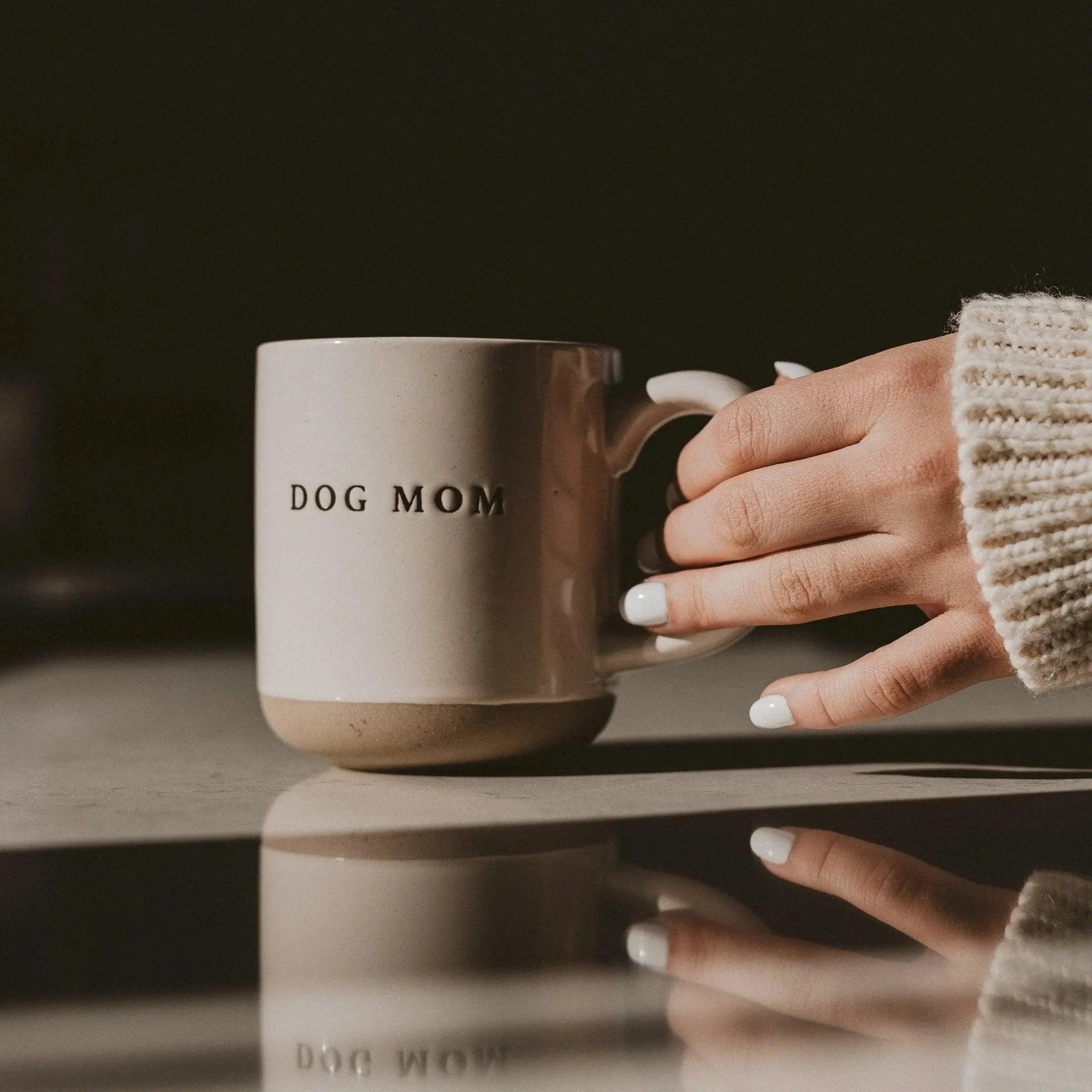 Dog Mom ceramic mug held by hand in cozy sweater, farmhouse style home decor