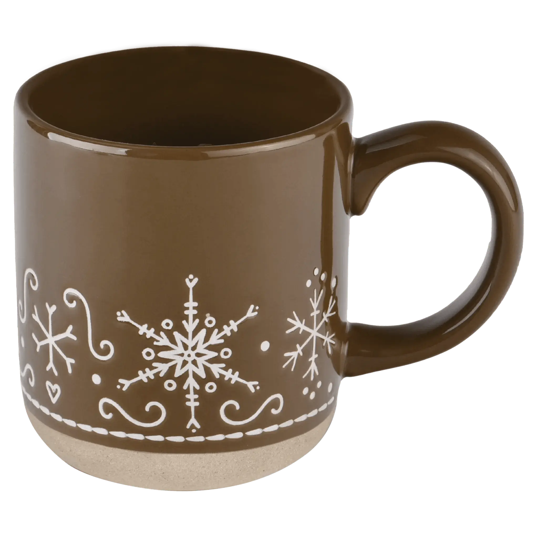 Brown ceramic mug with white snowflake and swirl designs, cozy farmhouse style winter decor