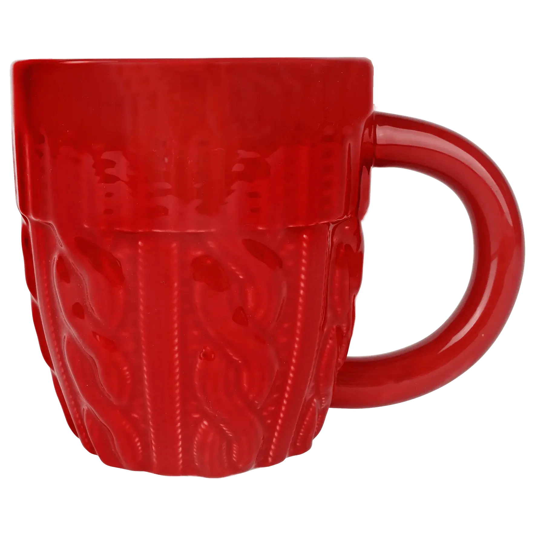 Red ceramic mug with cozy cable knit sweater texture, perfect for farmhouse or cottage style home decor