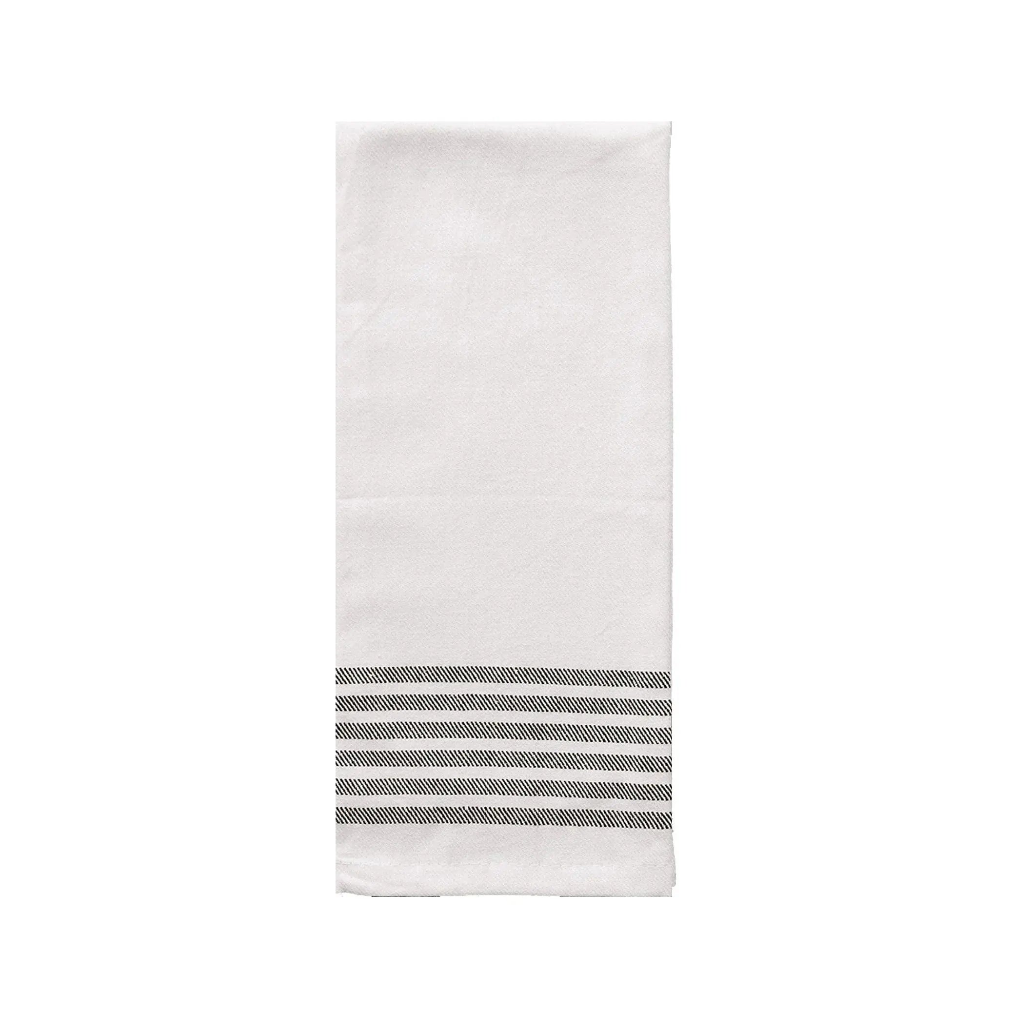 White farmhouse kitchen towel with black striped border, cozy cottage decor essential