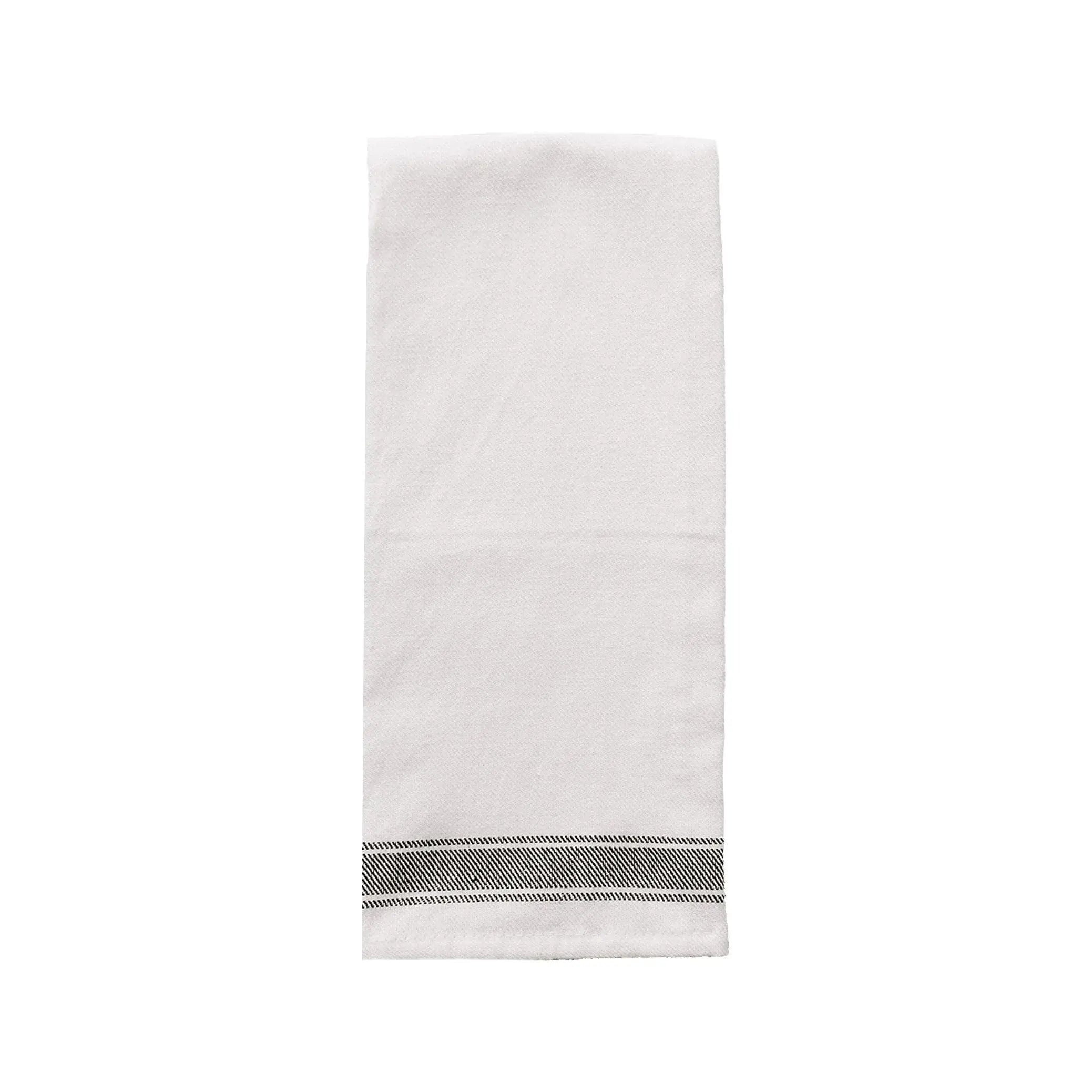 White farmhouse kitchen towel with black striped border, cozy cottage home decor