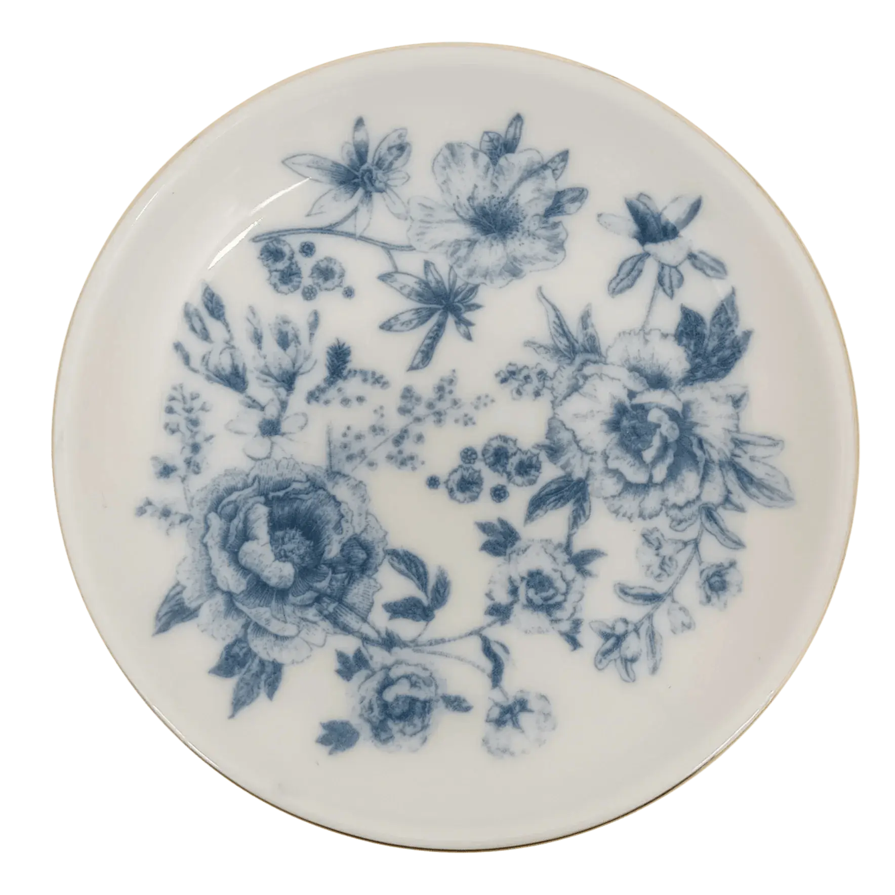 Blue floral porcelain plate with gold rim, farmhouse cottage decor