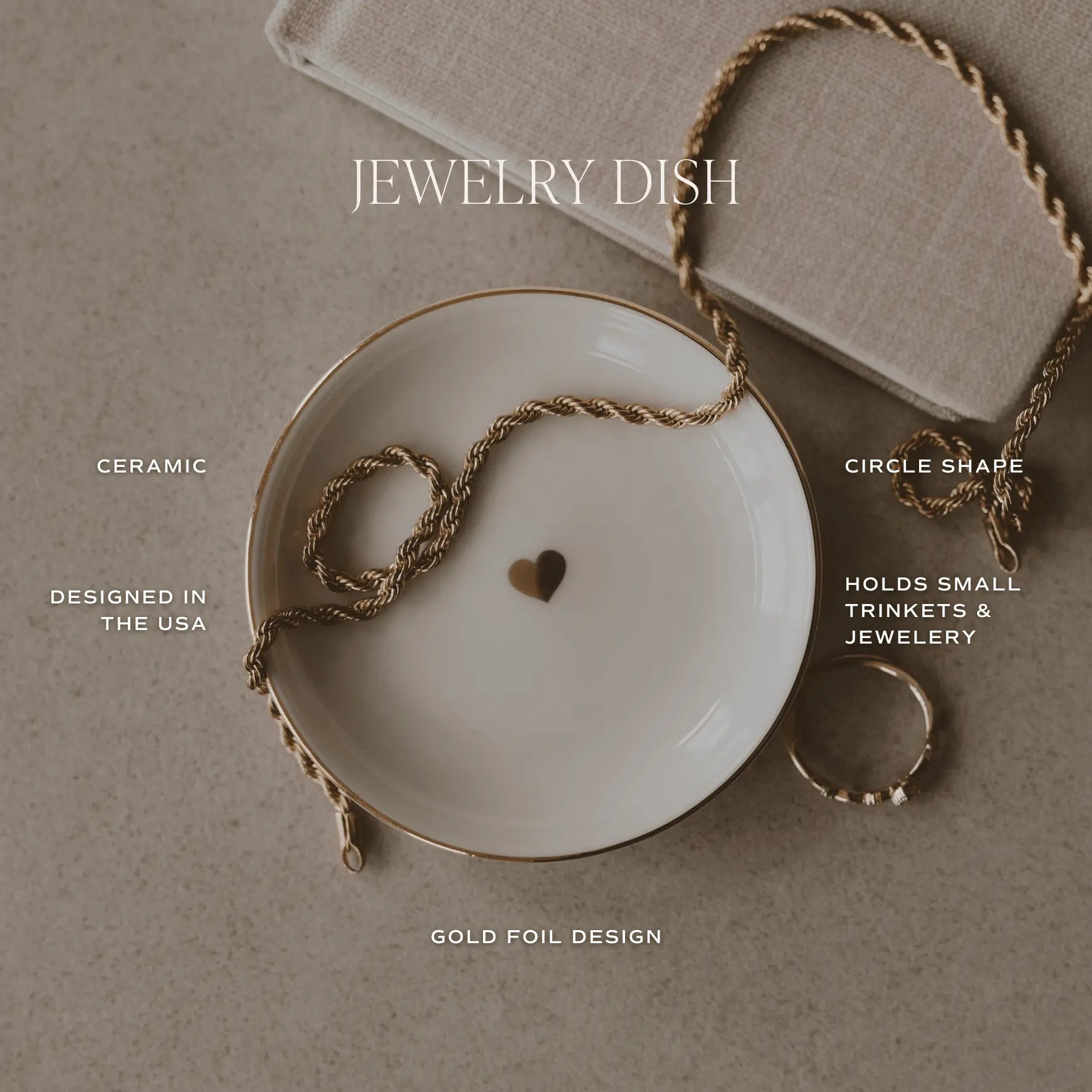 Ceramic jewelry dish with gold foil design, holds necklaces and rings, farmhouse decor
