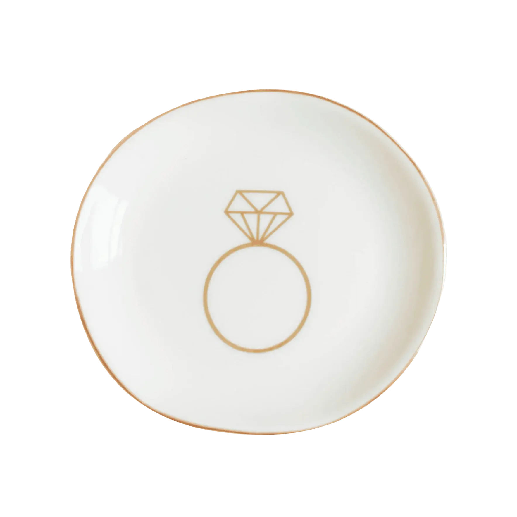 White ceramic ring dish with gold engagement ring design, cozy farmhouse decor accent