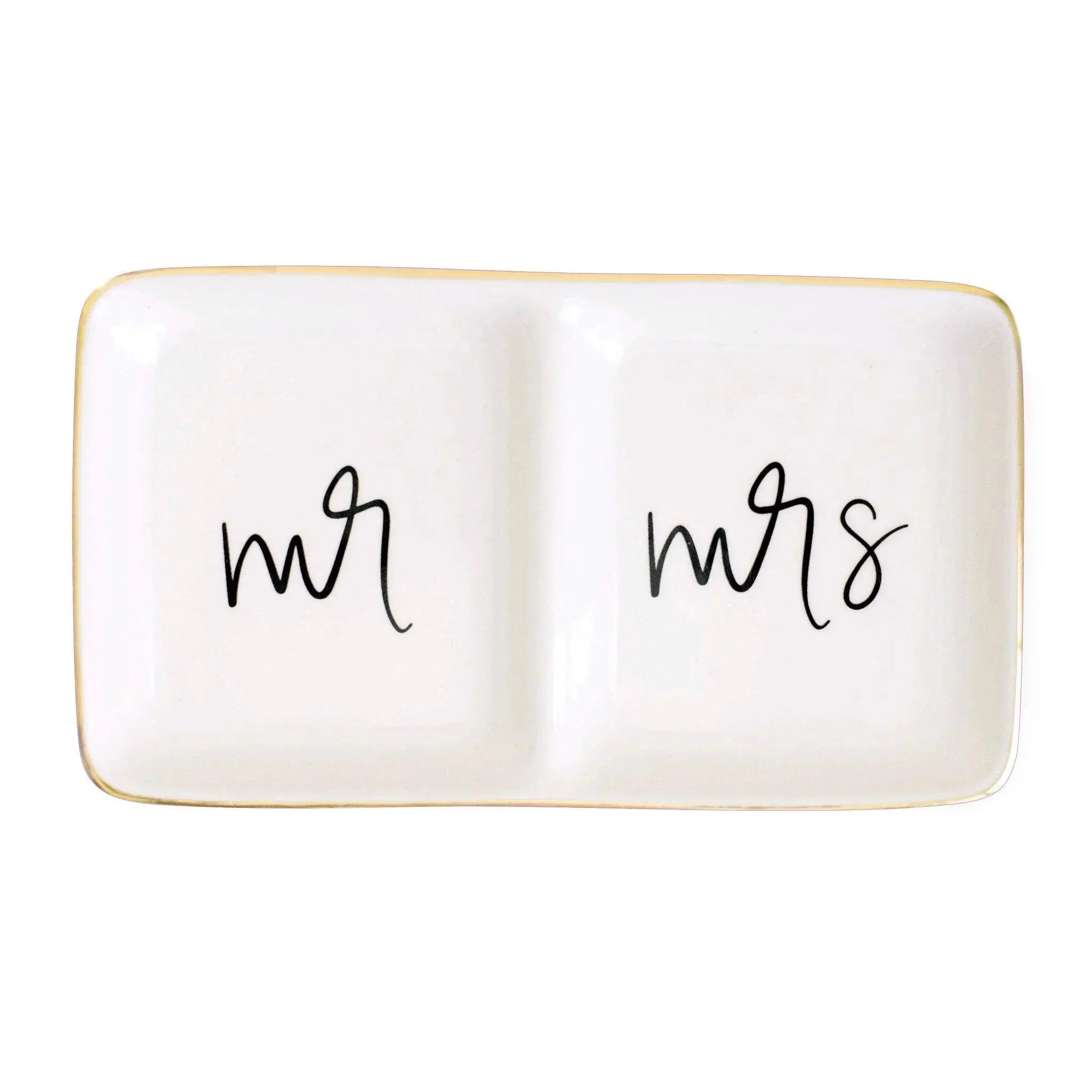 White ceramic Mr and Mrs divided tray with gold rim, cozy farmhouse decor