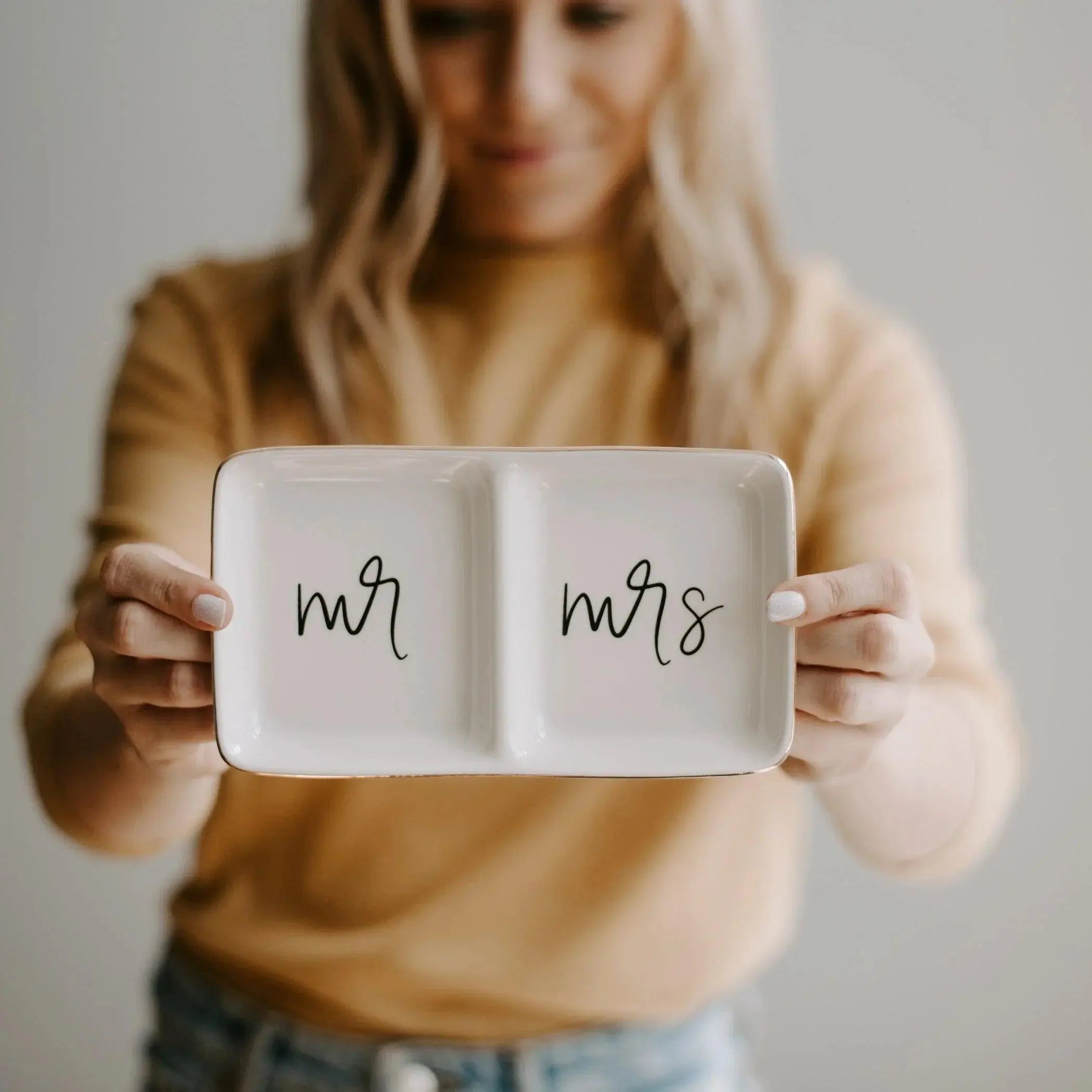 White ceramic Mr & Mrs divided tray for farmhouse home decor and wedding gifts