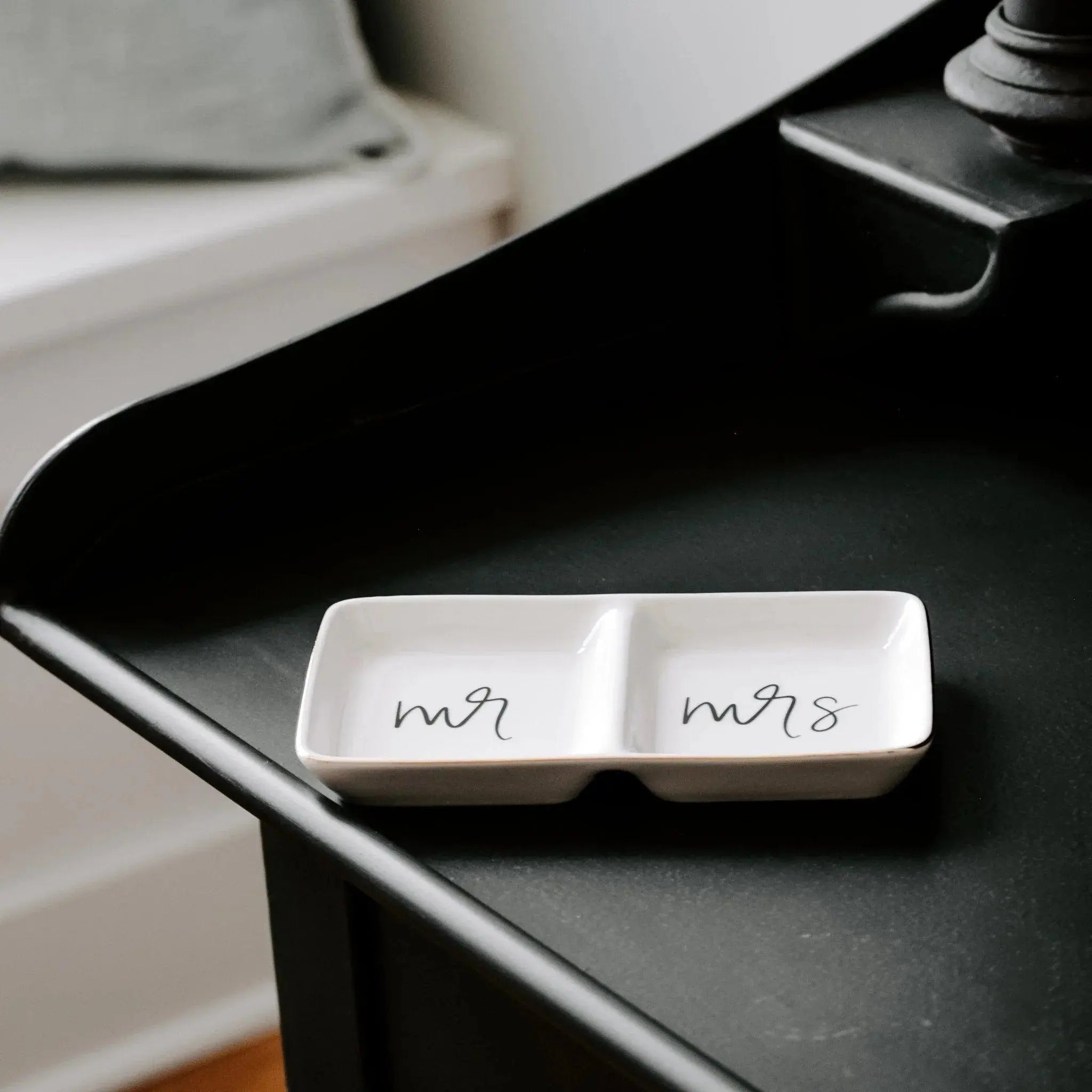 White ceramic Mr and Mrs divided tray for rings or small decor, cozy farmhouse style home accent