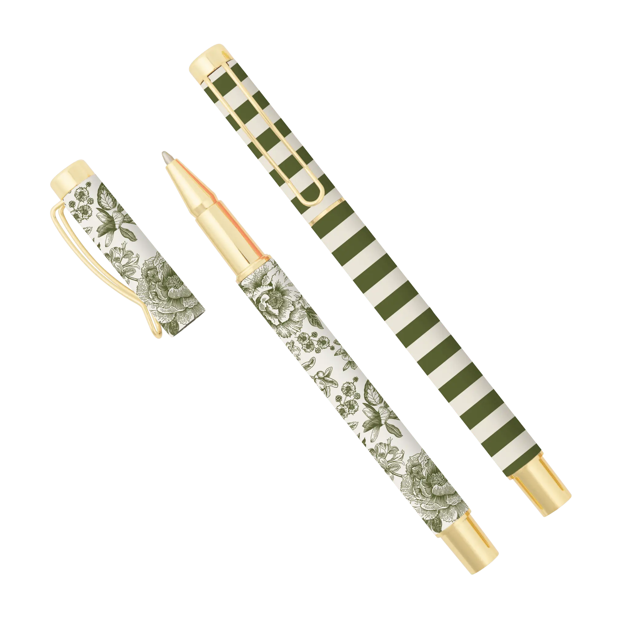 Decorative pen with floral design and striped pattern on a teal background