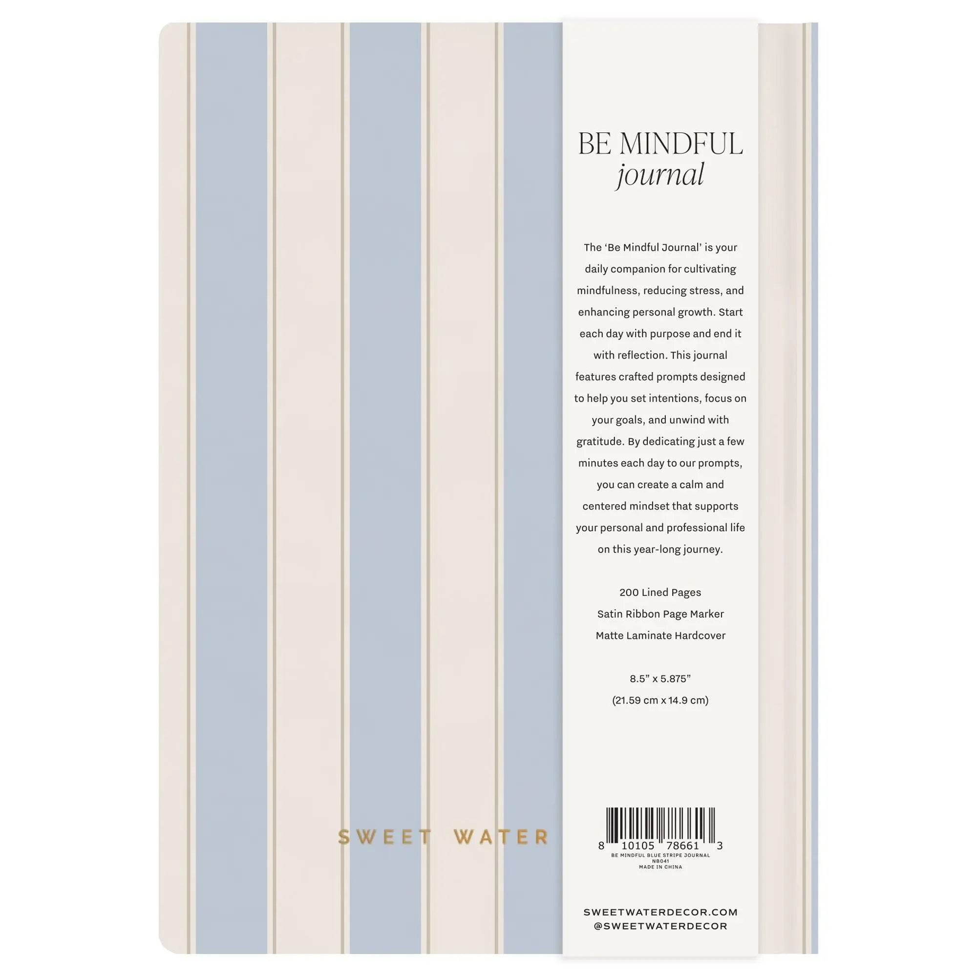 Back cover of a journal with text and Sweet Water branding