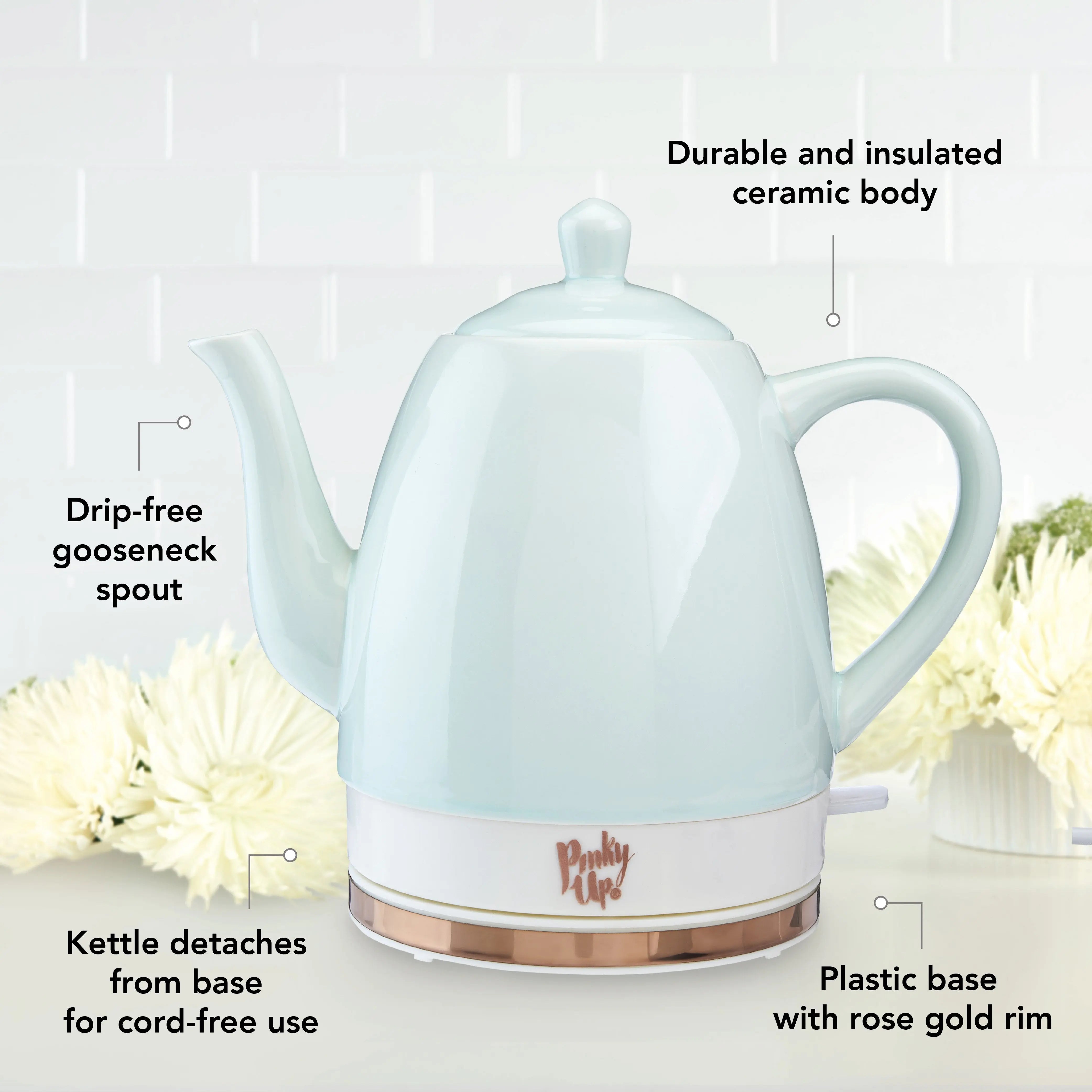 Light blue electric kettle with text highlighting features on a white background