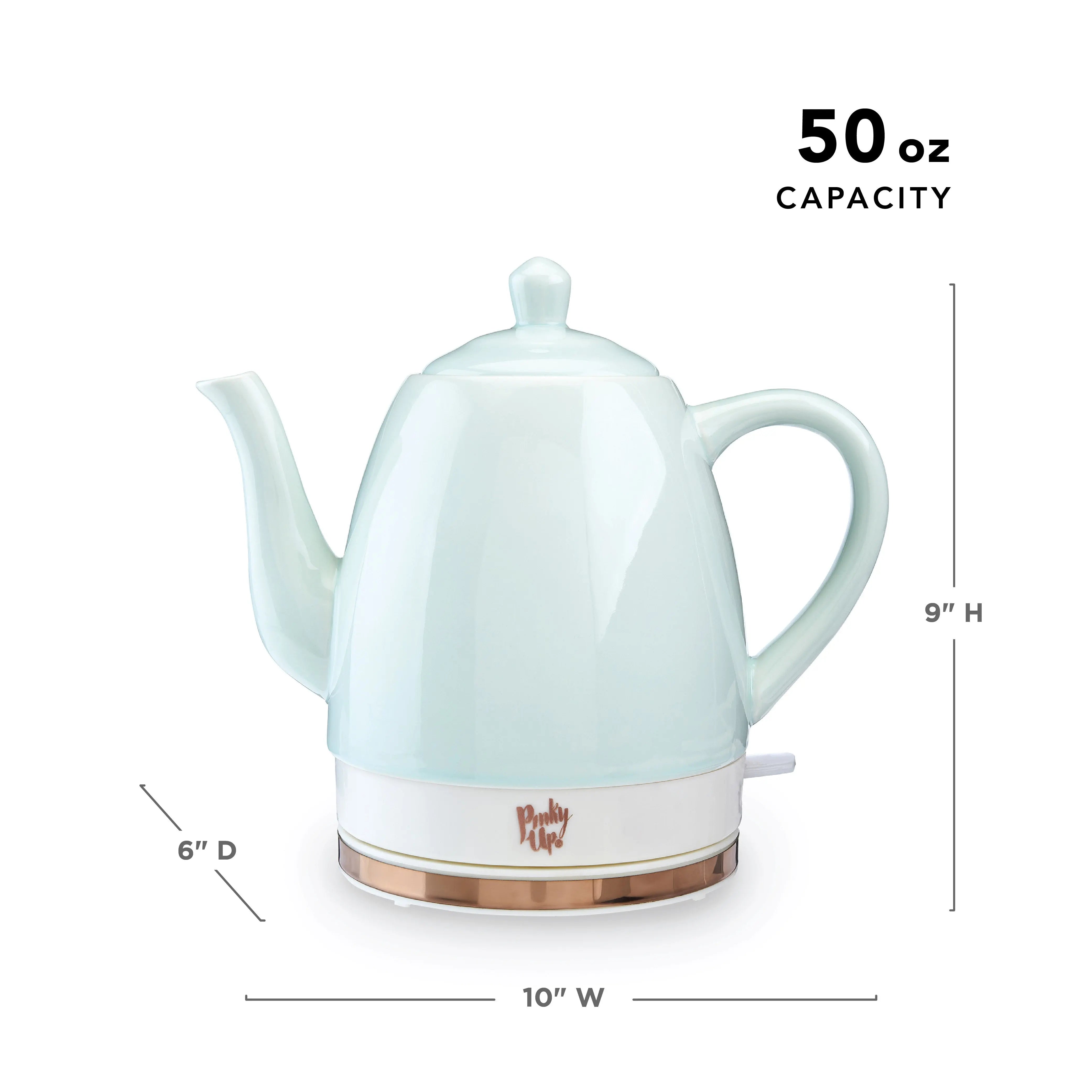Light blue electric kettle with dimensions and capacity label on a white background