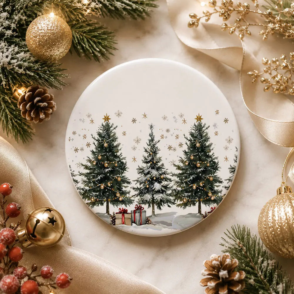Decorative plate with Christmas tree design surrounded by festive decorations on a marble surface