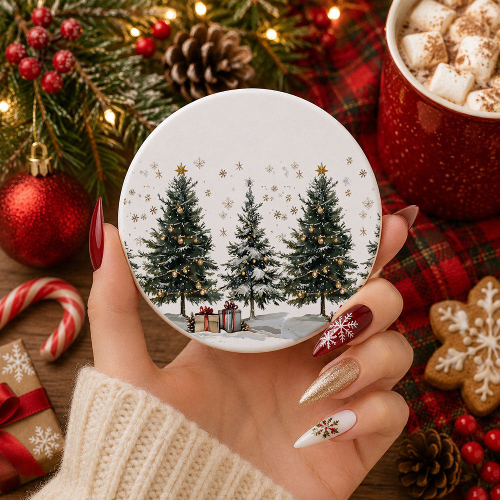 Hand holding a Christmas-themed coaster with trees, surrounded by festive decorations including a mug of hot chocolate and gingerbread cookies.