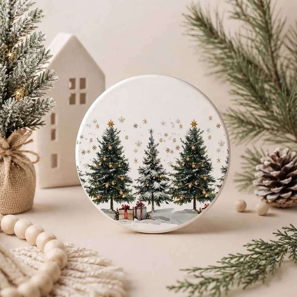 Decorative plate with Christmas tree design on a table with festive decorations.