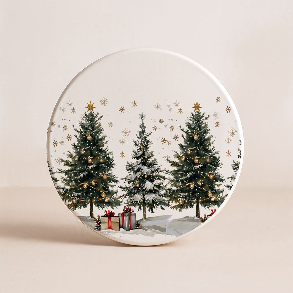 Decorative plate with Christmas tree and gift design on a beige background
