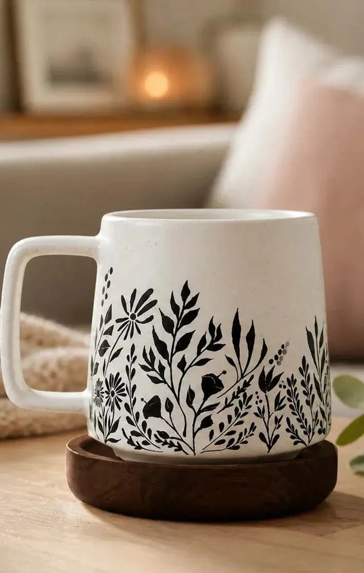 White ceramic mug with black floral botanical print, farmhouse style, on wooden coaster