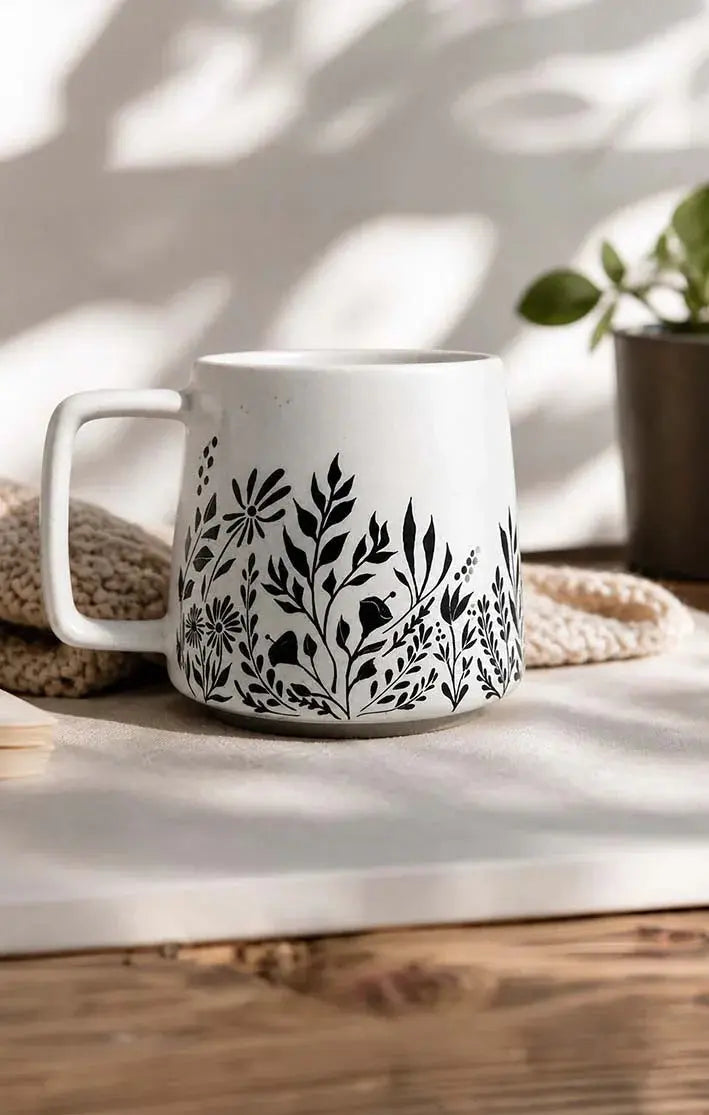 White ceramic mug with black floral botanical print, cozy farmhouse decor style