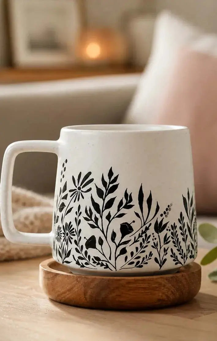 White ceramic mug with black floral botanical print, farmhouse style, on wooden coaster in cozy living room