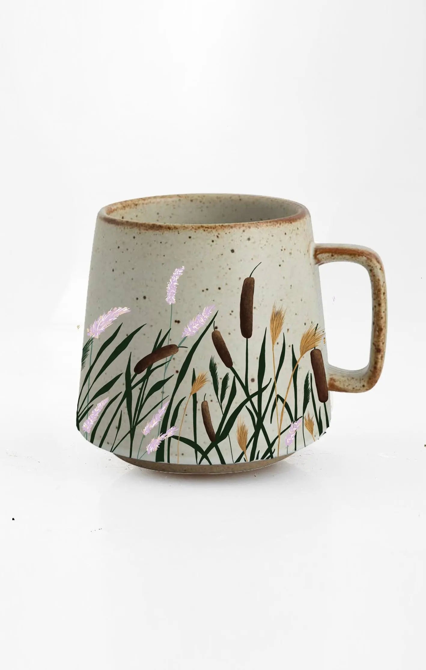 Speckled ceramic mug with cattail and wildflower print, farmhouse cottage decor