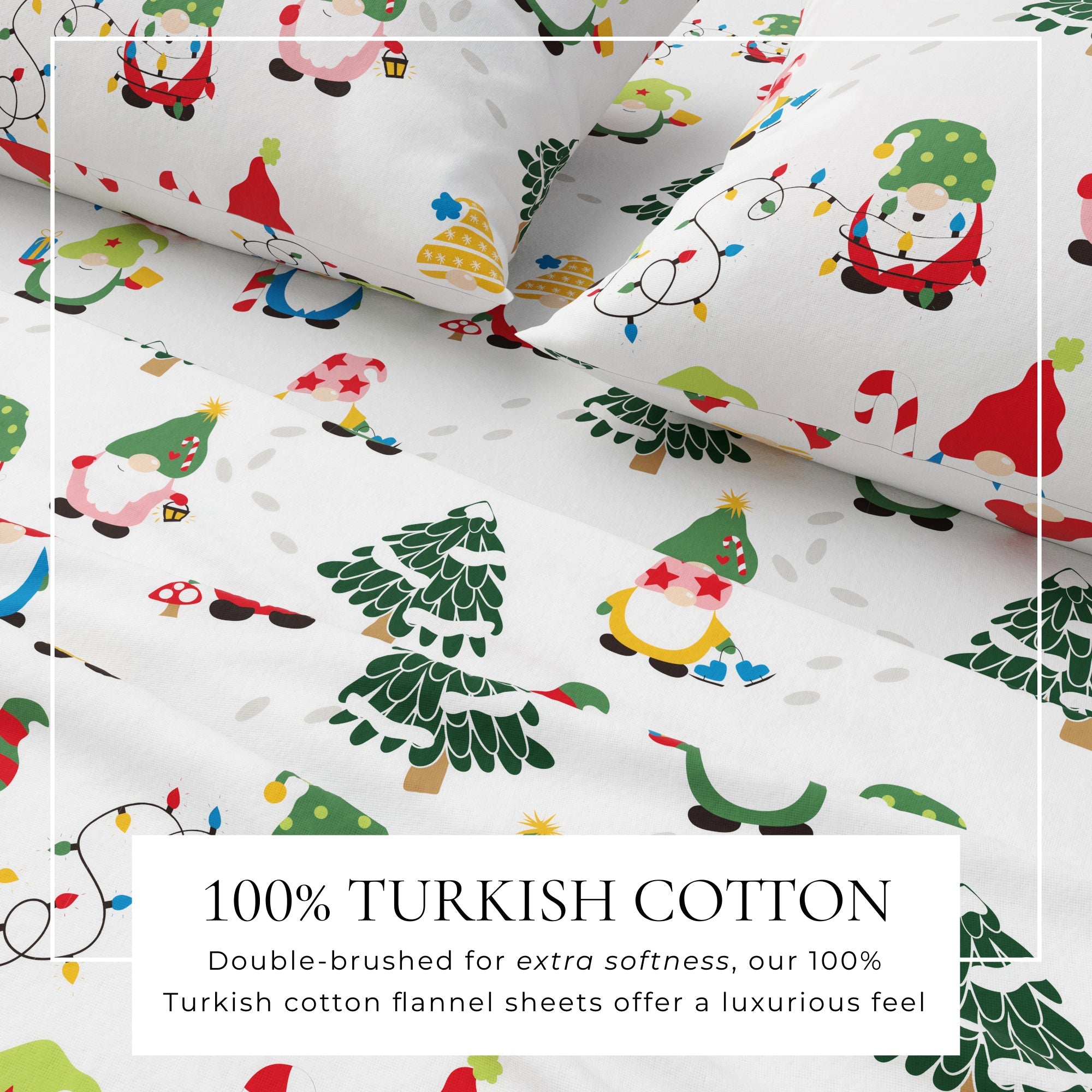Christmas-themed flannel sheets with gnomes and trees on a white background, featuring text about Turkish cotton.