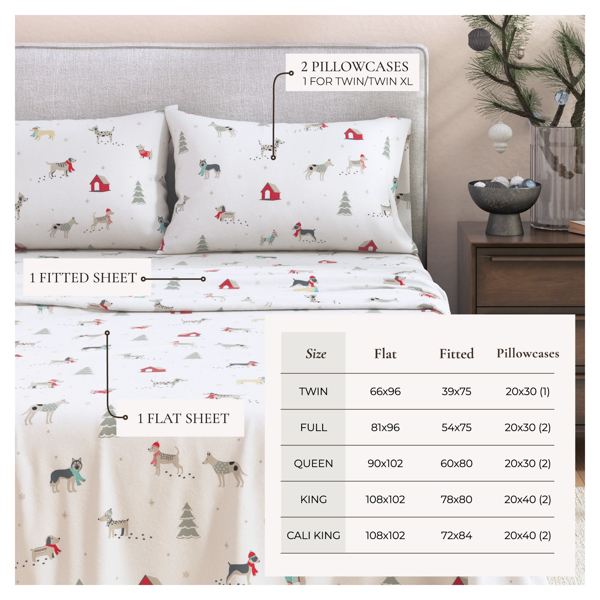 Bedding set with pillowcases and a fitted sheet on a bed, with a chart showing dimensions.