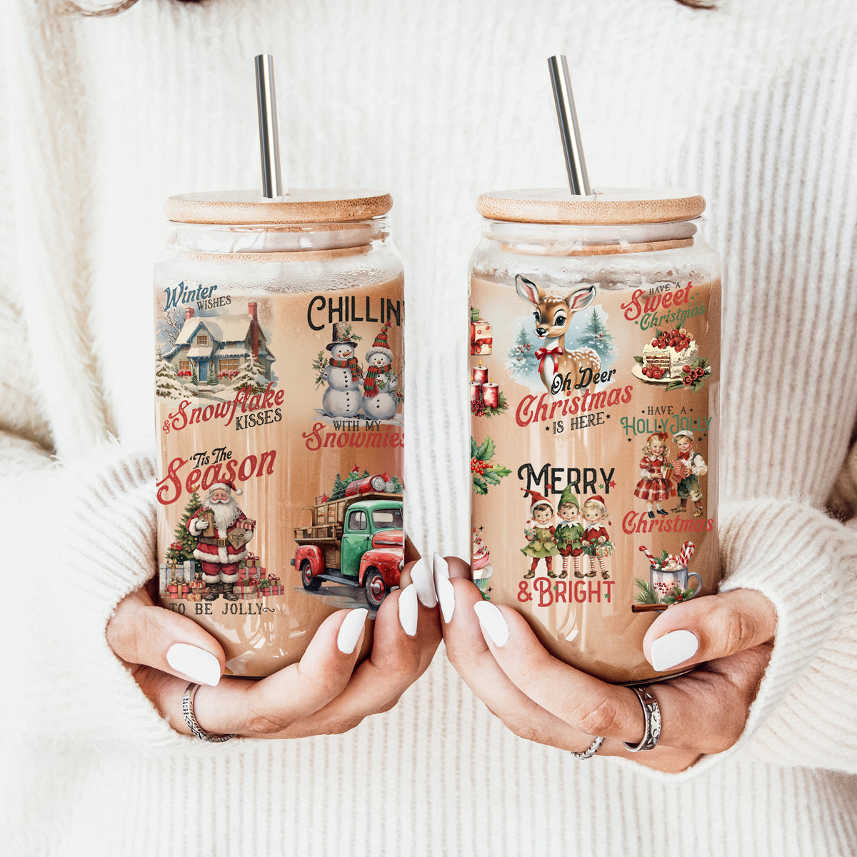 Two hands holding Christmas-themed tumblers with festive designs.