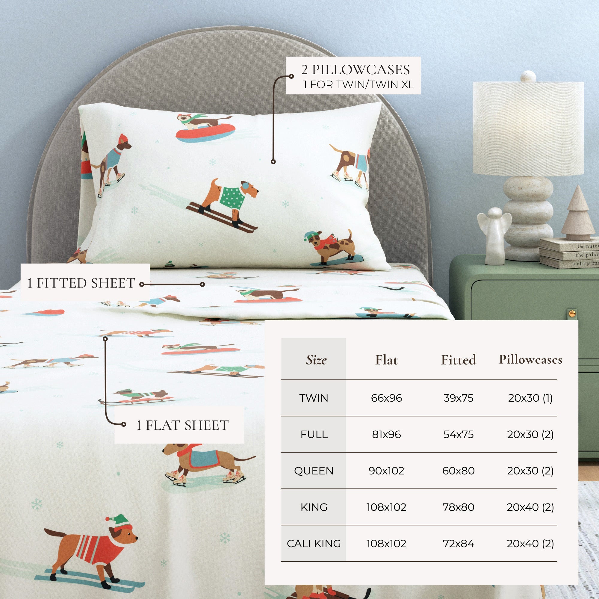Children's bedding set with pillowcases and a flat sheet on a bed, featuring a chart of sizes and dimensions.