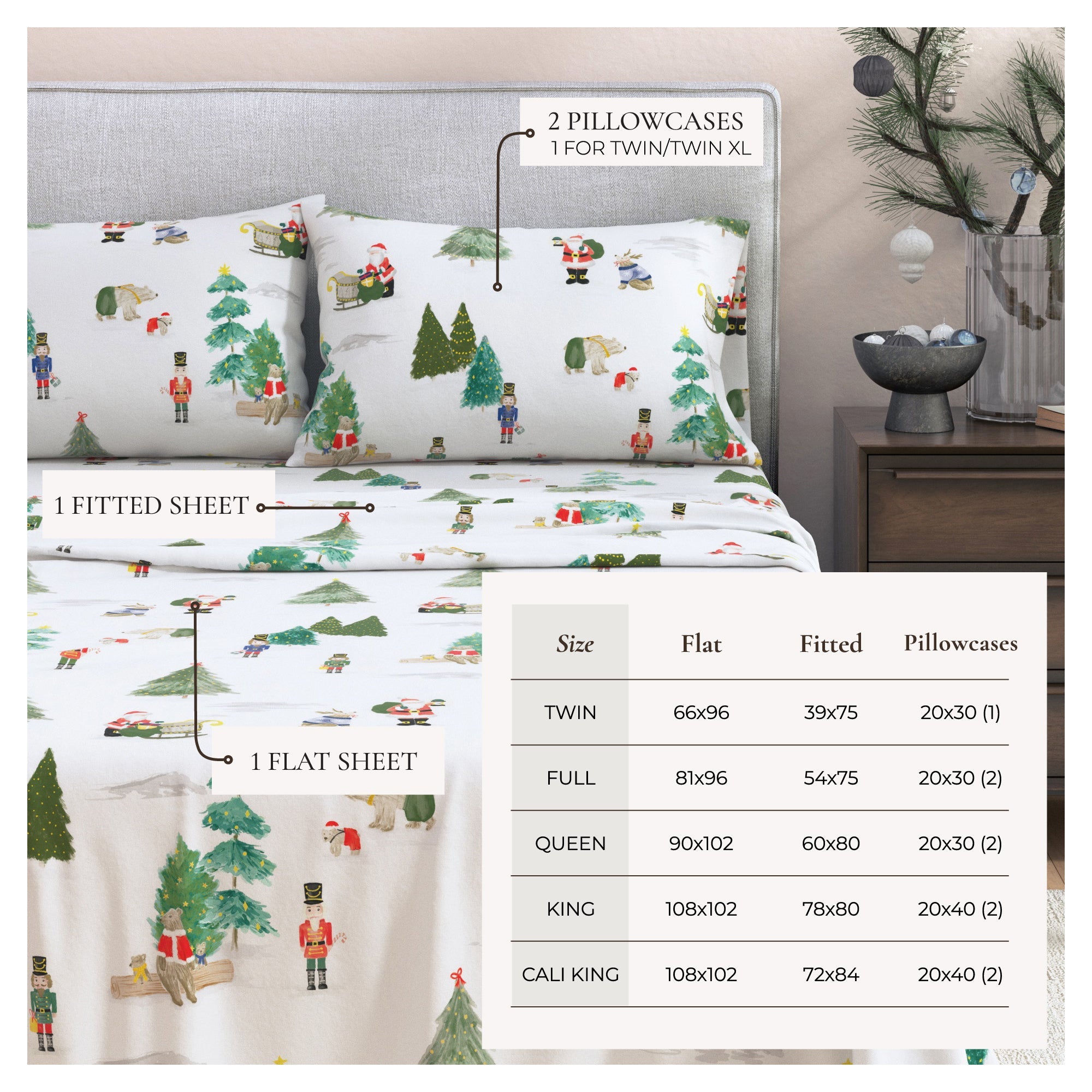 Bedding set with Christmas-themed design on a bed, including pillowcases and sheets, with a size chart displayed.