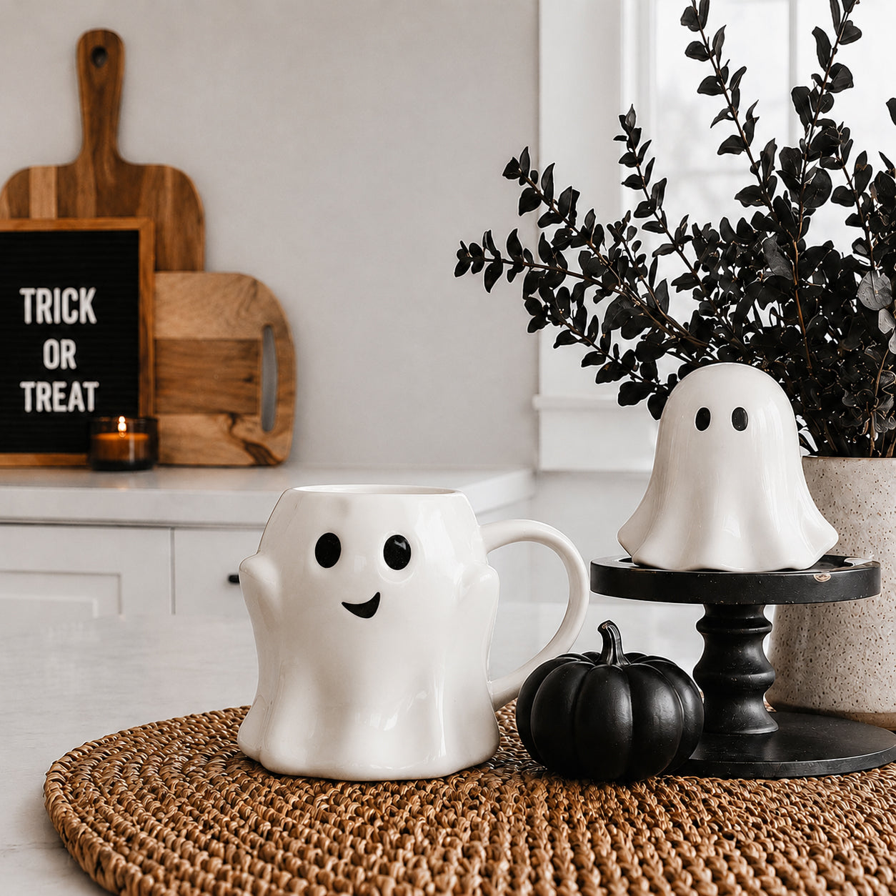 Ghost-shaped mug and decorative ghost on a table with Halloween-themed decor.